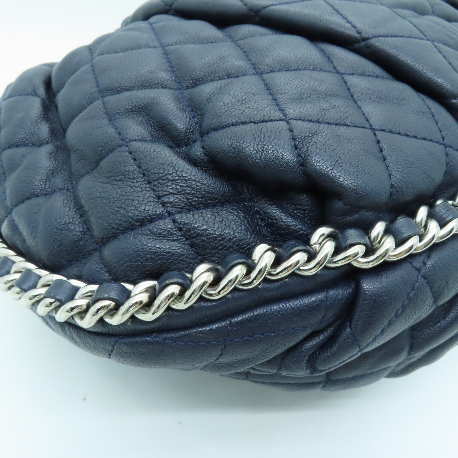CHANEL 菱格牛皮皮革Chain Shoulder Bag銀扣鏈帶肩背袋深藍色