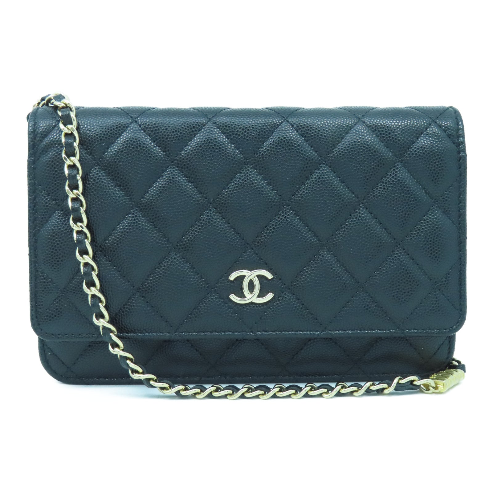 CHANEL 菱格Caviar皮革銀扣鏈帶肩背袋黑色