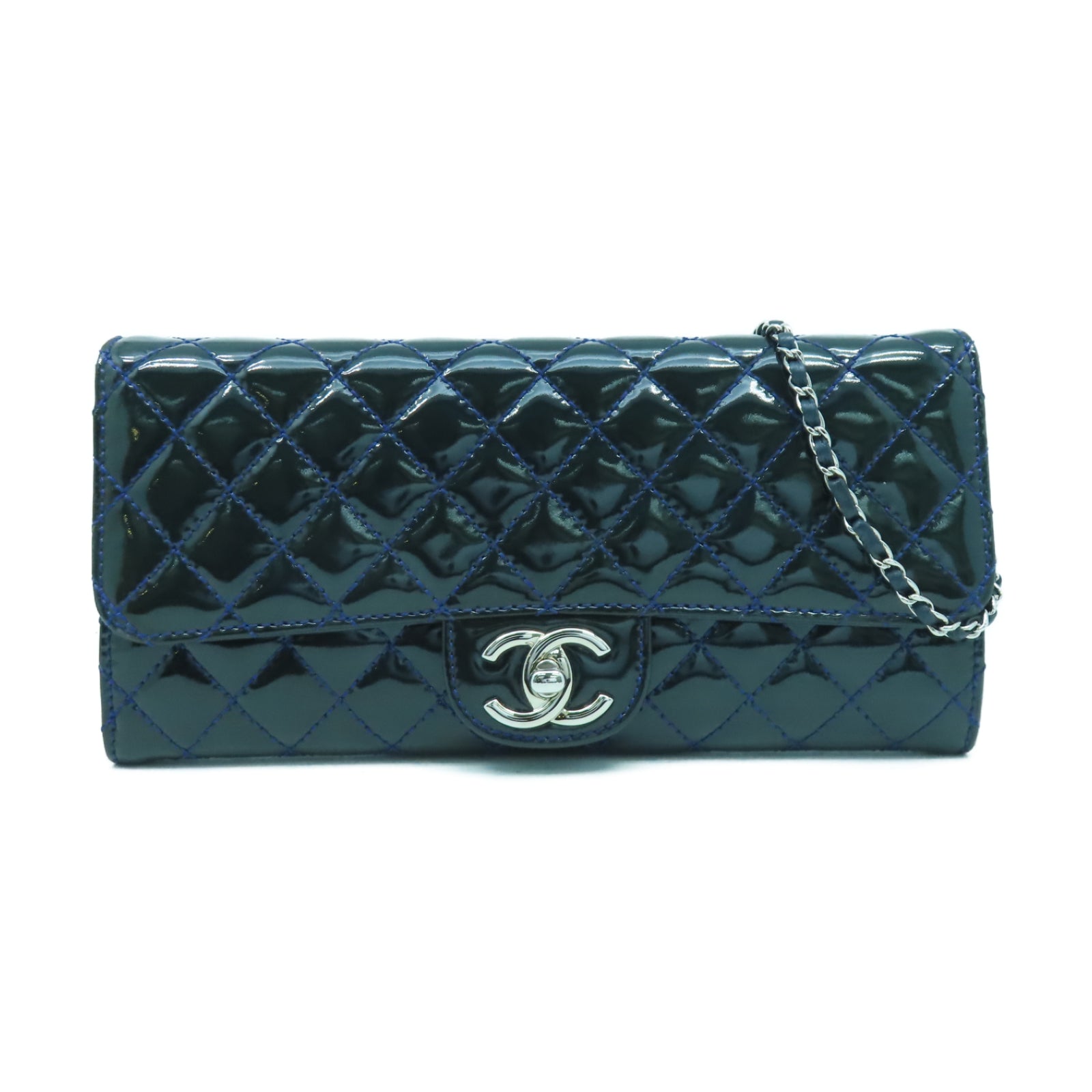 CHANEL 菱格漆皮皮革Chain Shoulder銀扣鏈帶肩背袋綠色