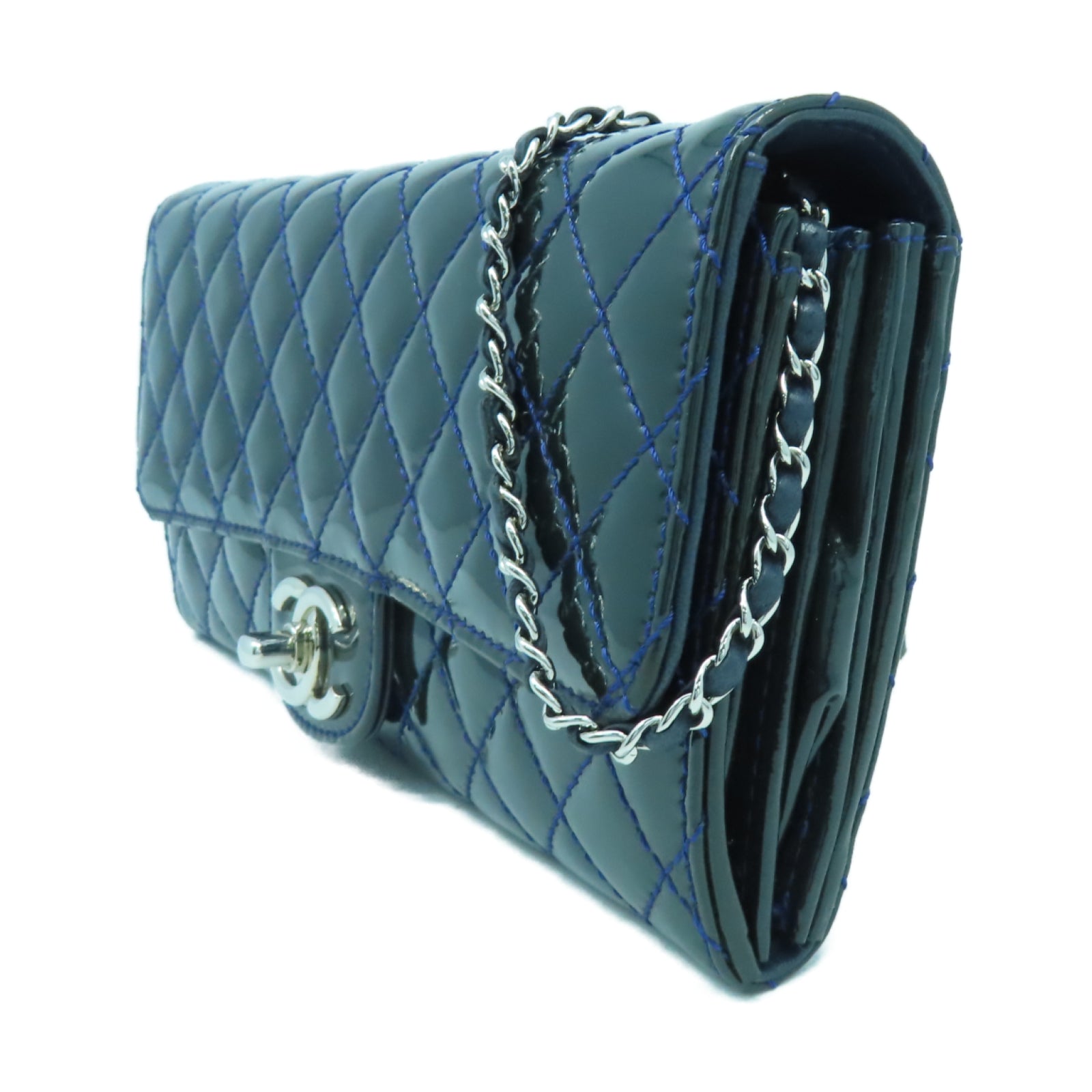 CHANEL 菱格漆皮皮革Chain Shoulder銀扣鏈帶肩背袋綠色