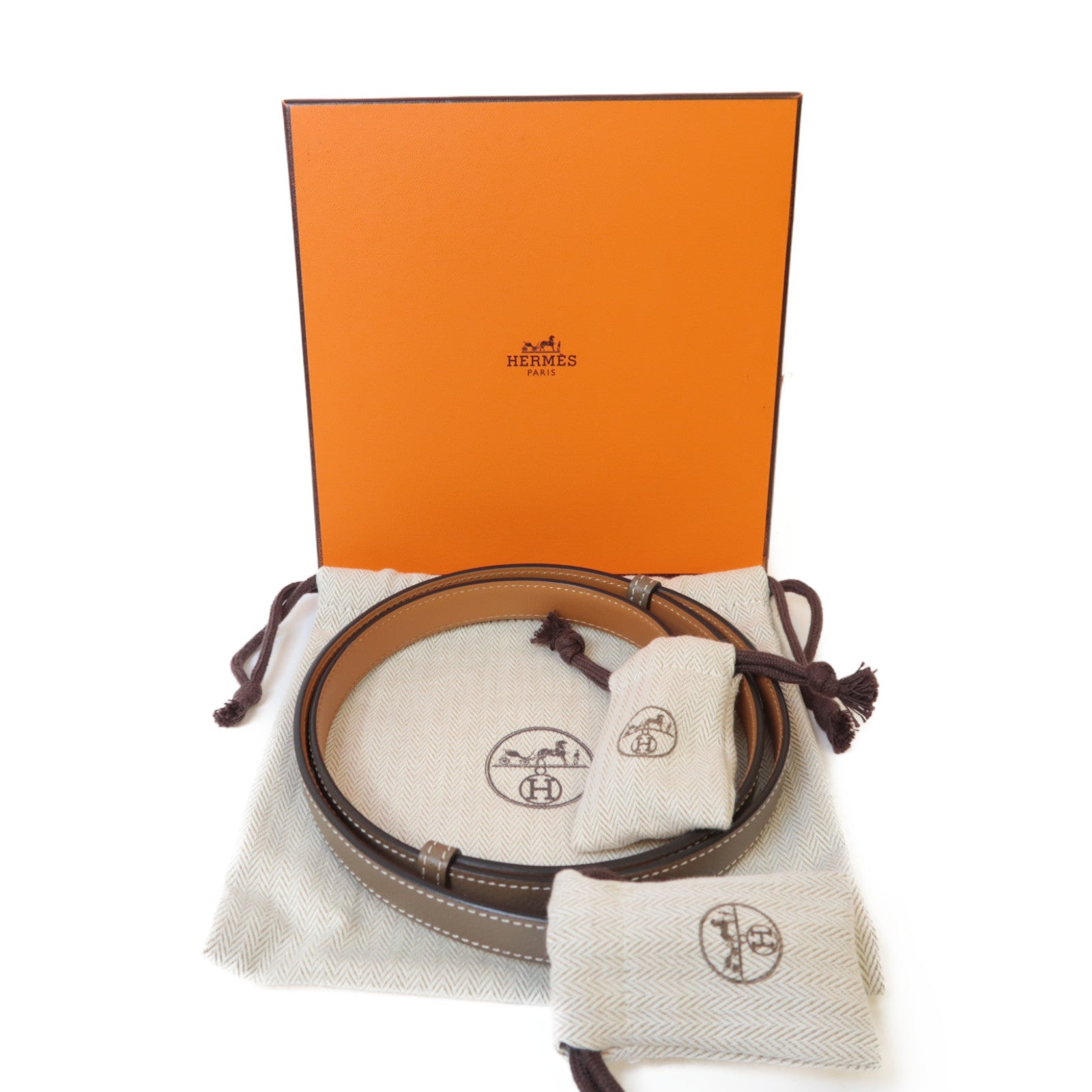 HERMES Epsom皮革Kelly Belt金扣皮帶麻繩灰色