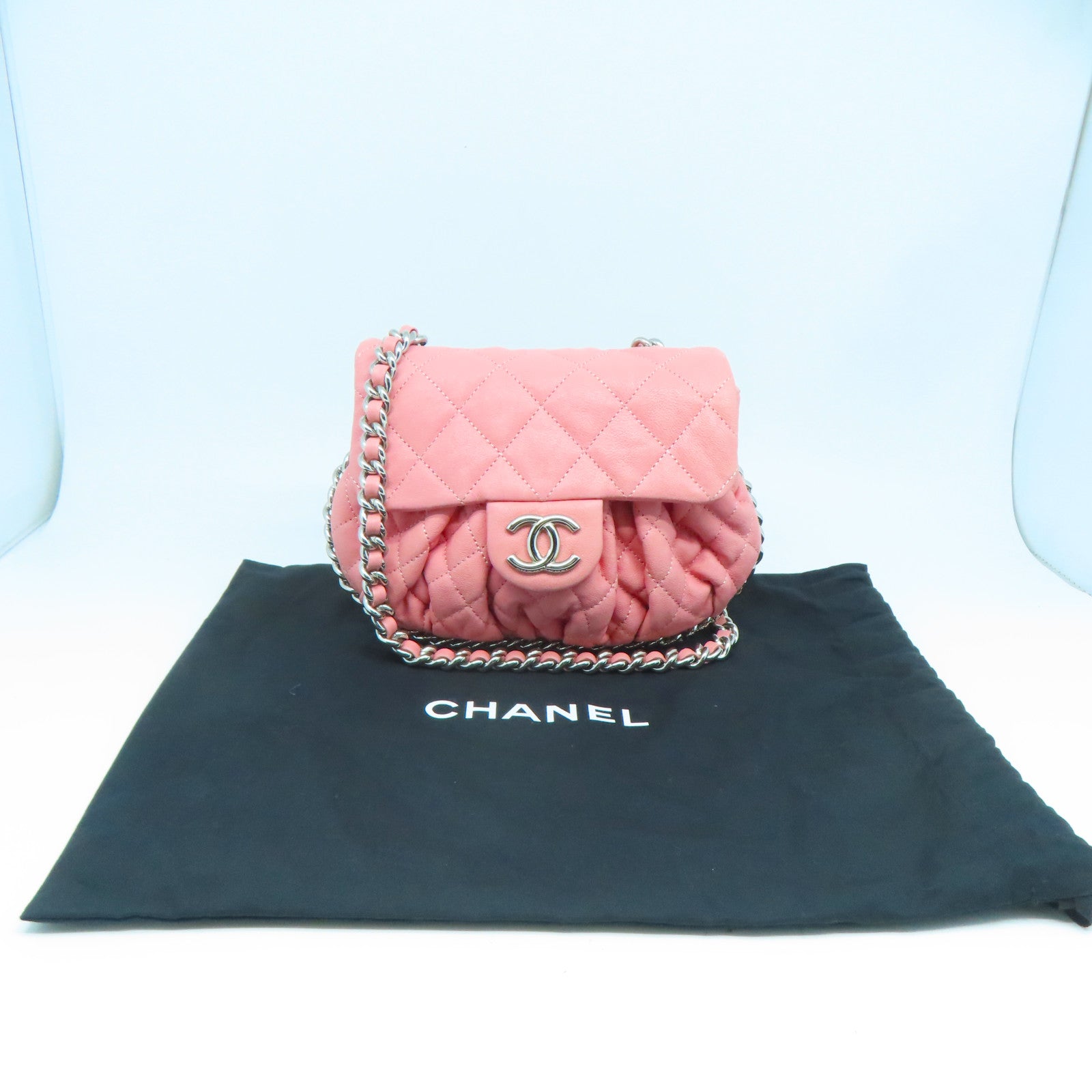 CHANEL 菱格牛皮皮革Chain Shoulder銀扣鏈帶肩背袋粉紅色