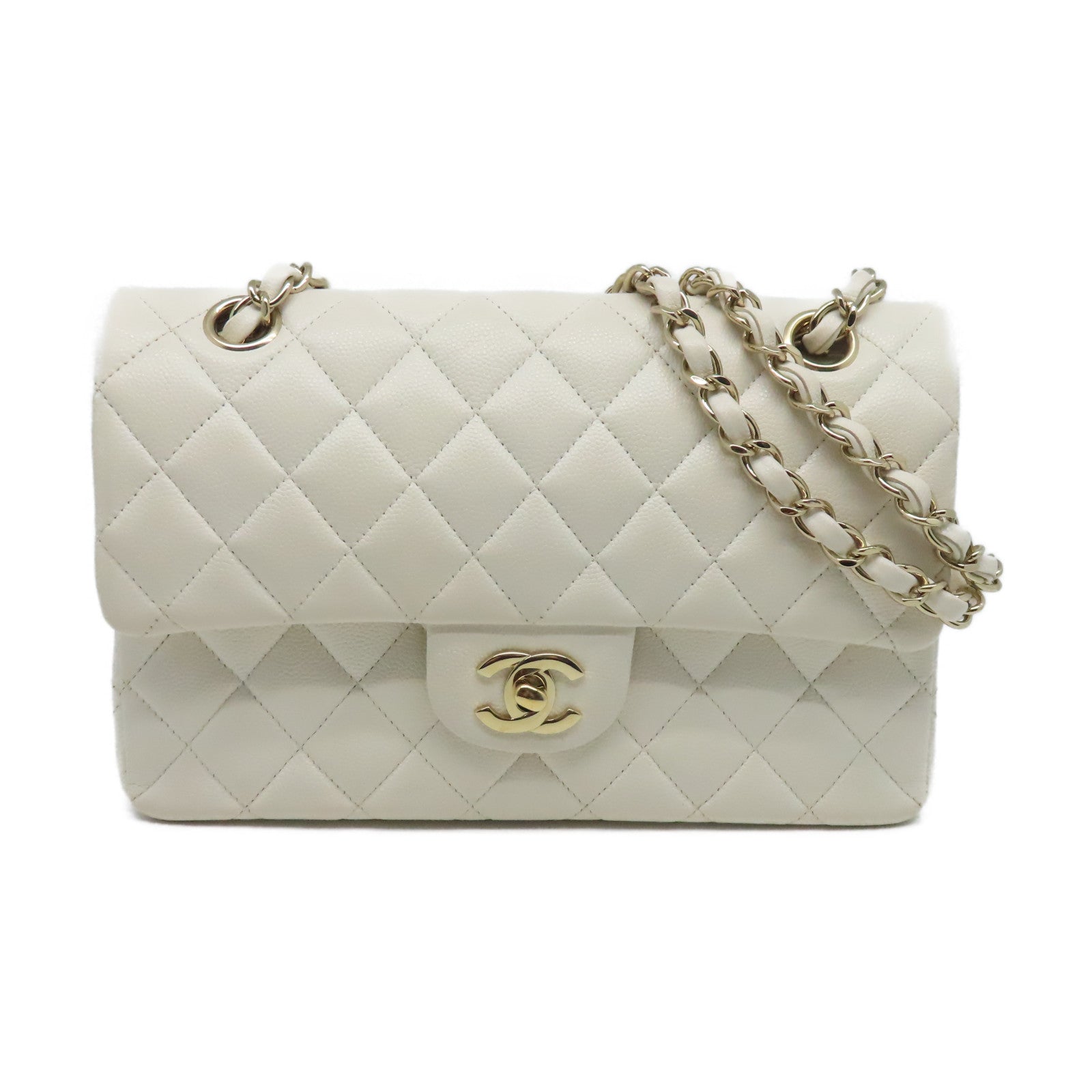 CHANEL 菱格Caviar皮革Classic 25cm金扣肩背袋白色