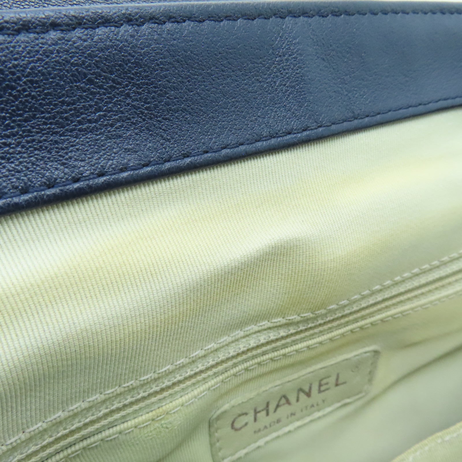 CHANEL 菱格牛皮皮革Chain Shoulder Bag銀扣鏈帶肩背袋深藍色
