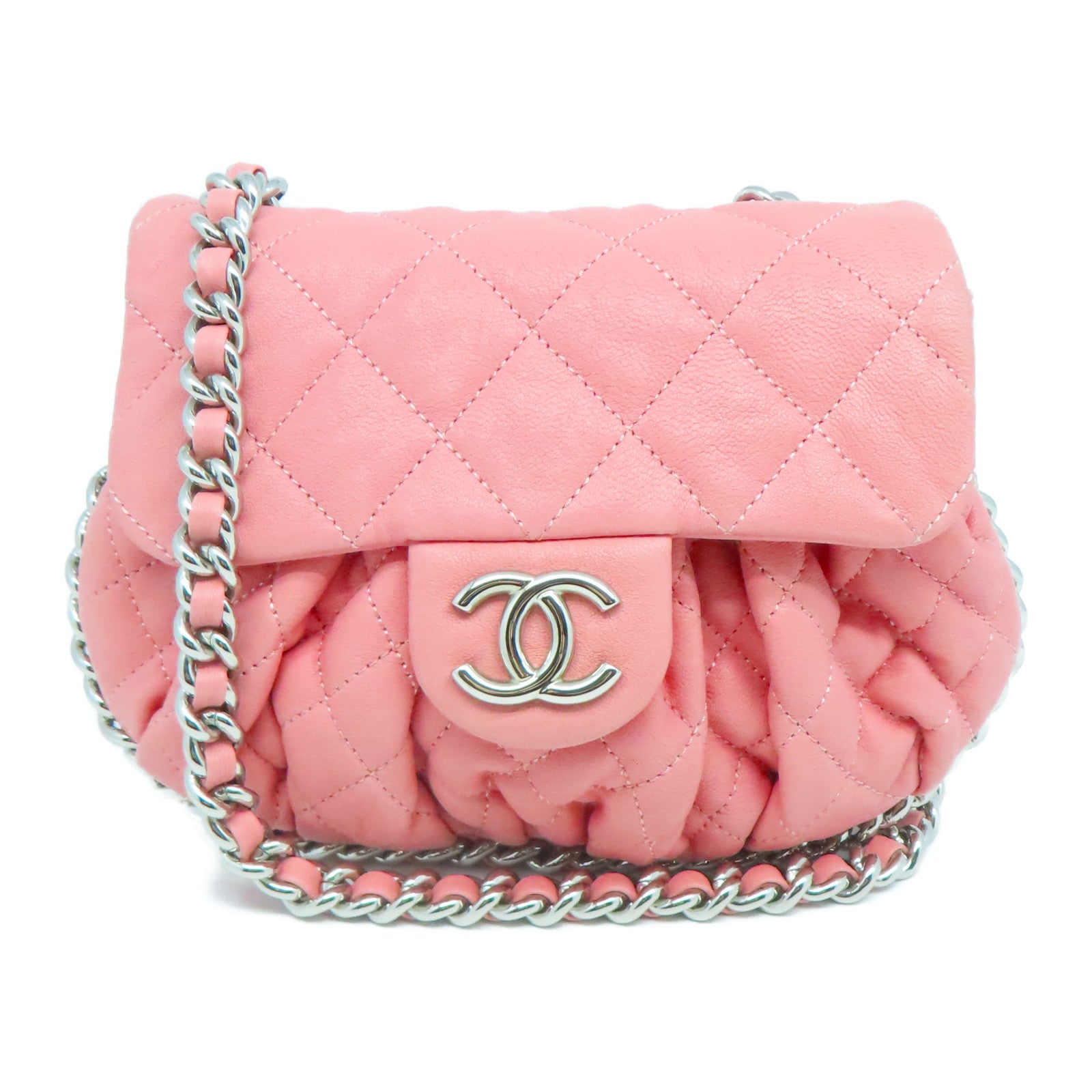 CHANEL 菱格牛皮皮革Chain Shoulder銀扣鏈帶肩背袋粉紅色