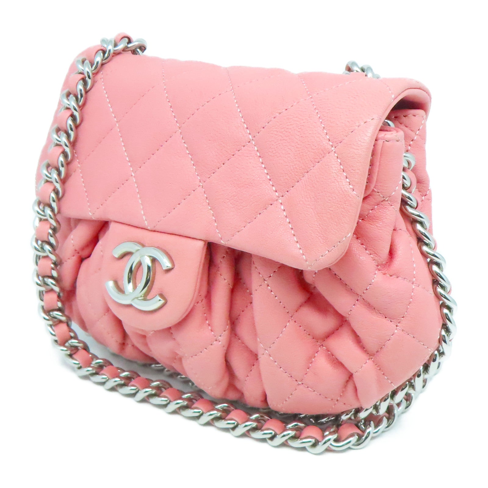 CHANEL 菱格牛皮皮革Chain Shoulder銀扣鏈帶肩背袋粉紅色