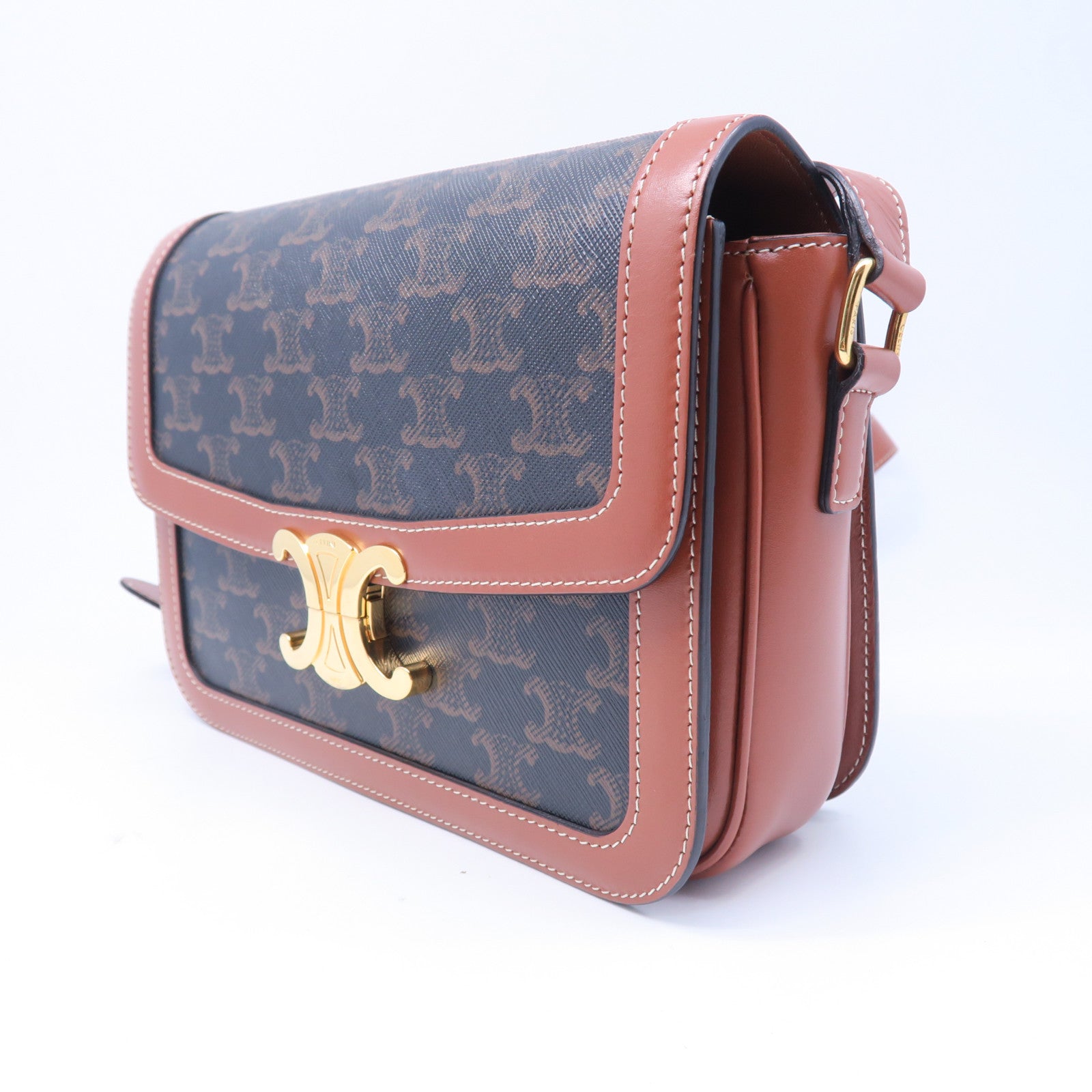 CELINE 牛皮皮革Classique Triomphe金扣肩背袋棕色