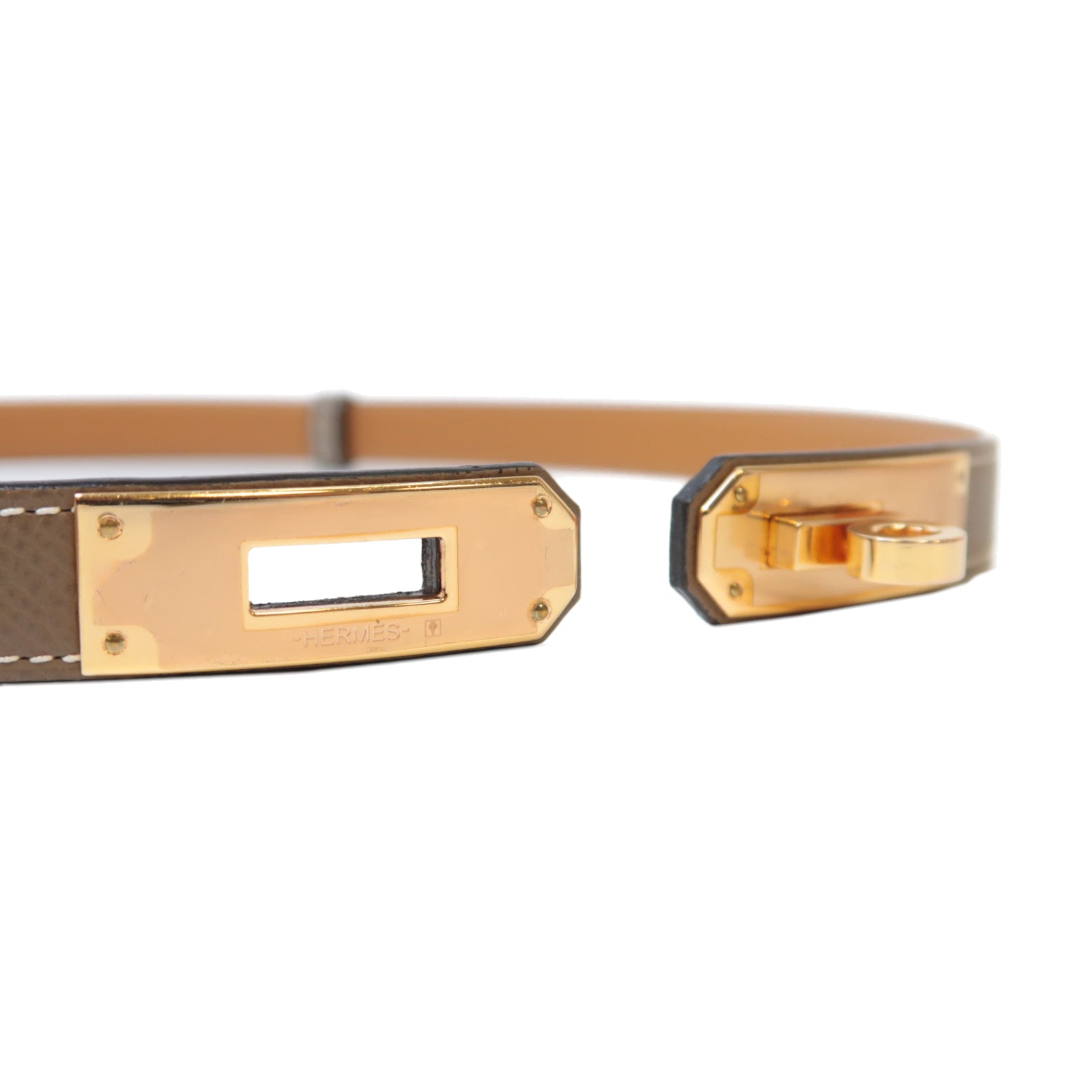 HERMES Epsom皮革Kelly Belt金扣皮帶麻繩灰色