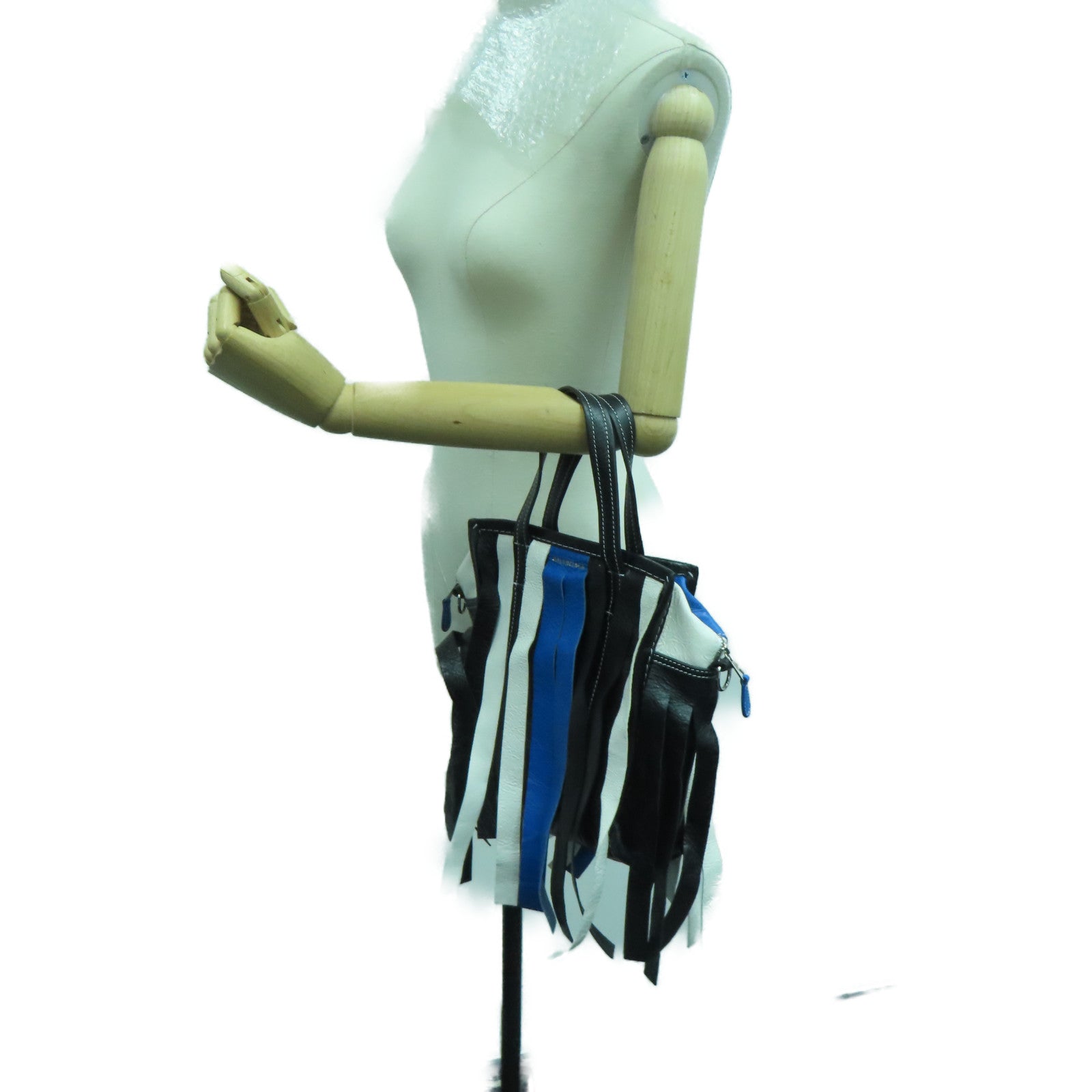 BALENCIAGA Sheepskin Leather Bazar Shopper XS Fringes Silver Buckle Handle Shoulder Bag Blue/White/Black