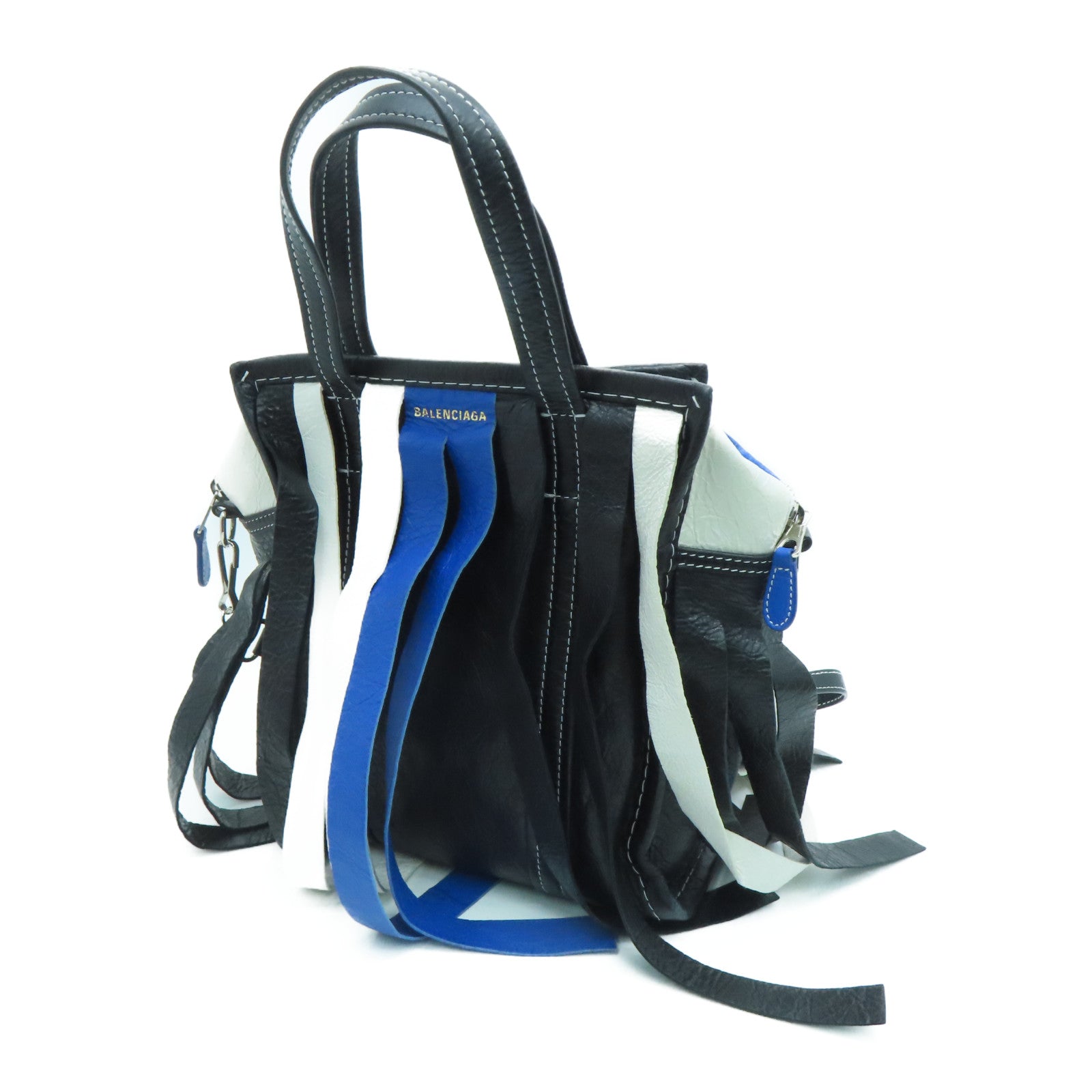BALENCIAGA Sheepskin Leather Bazar Shopper XS Fringes Silver Buckle Handle Shoulder Bag Blue/White/Black