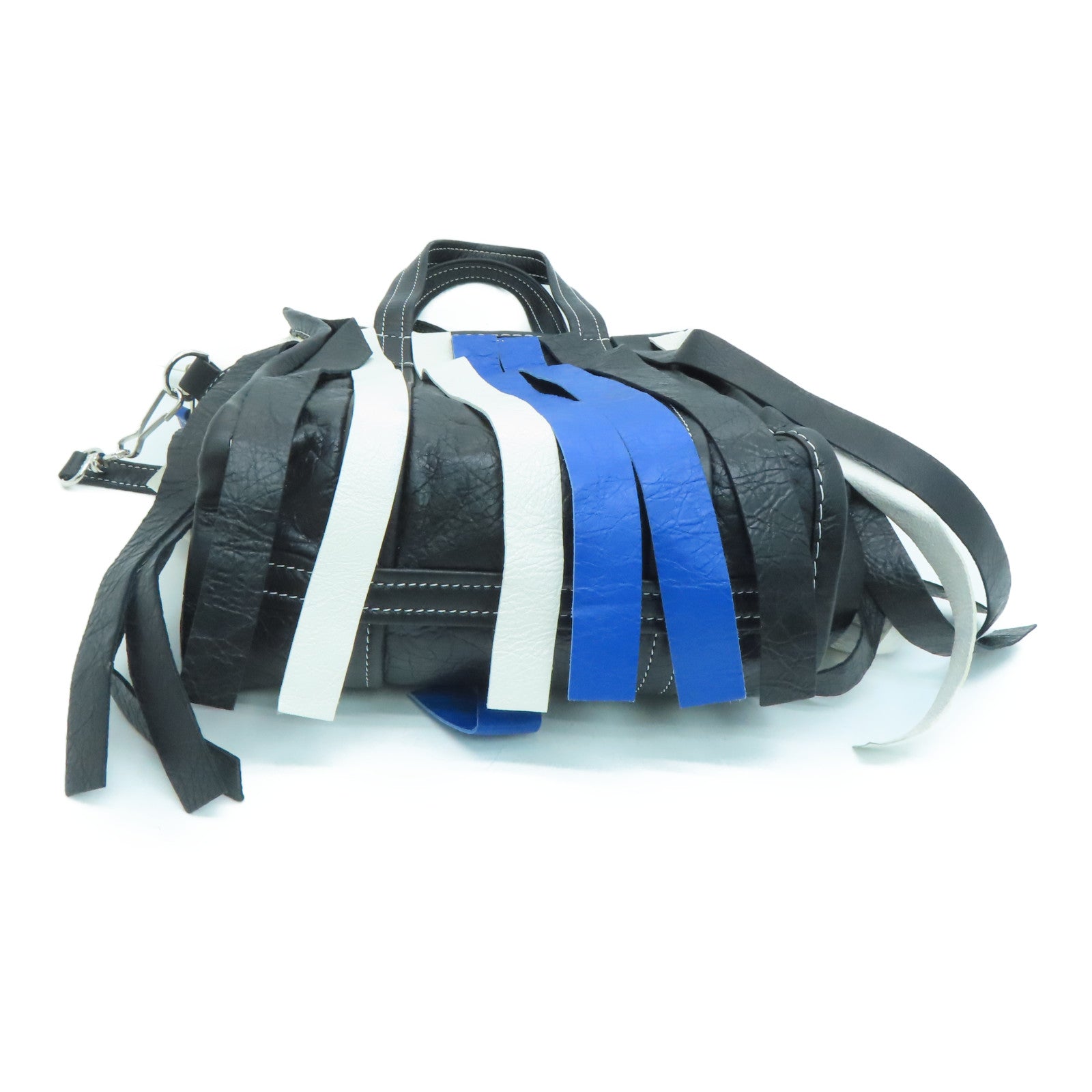 BALENCIAGA Sheepskin Leather Bazar Shopper XS Fringes Silver Buckle Handle Shoulder Bag Blue/White/Black