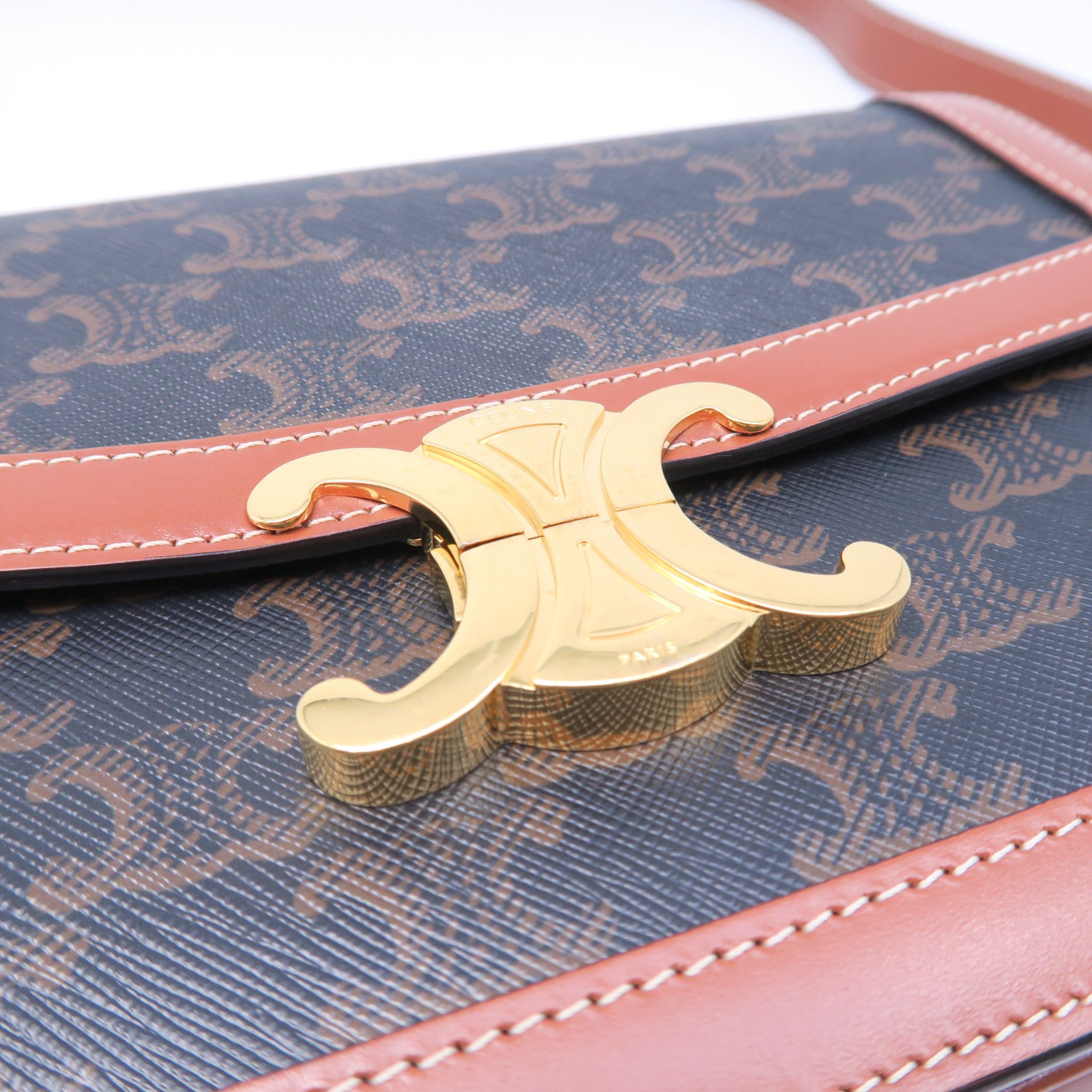 CELINE 牛皮皮革Classique Triomphe金扣肩背袋棕色