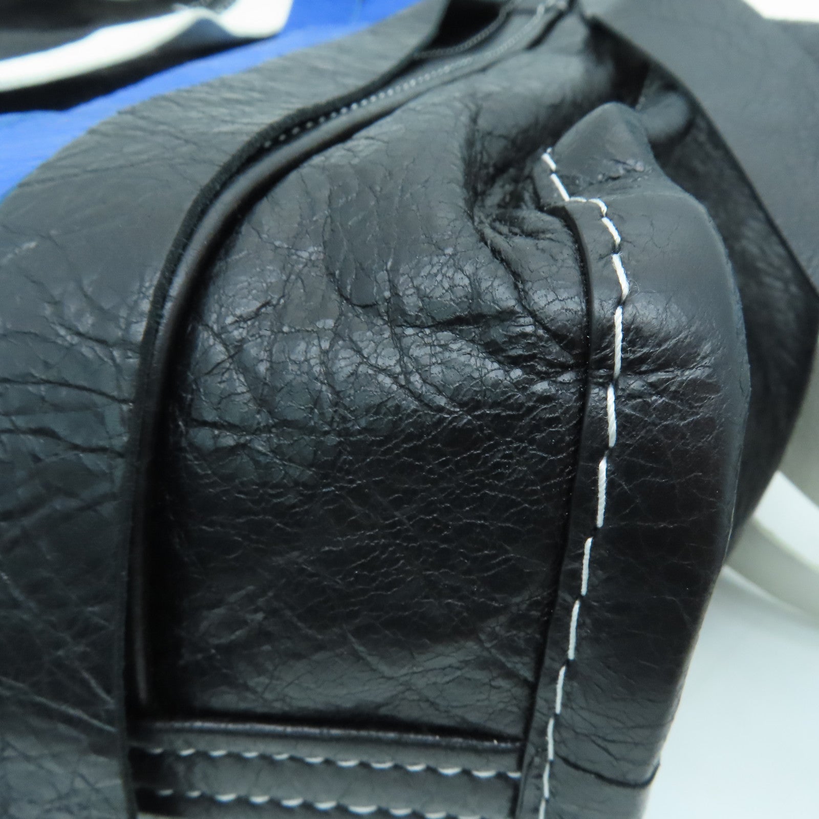 BALENCIAGA Sheepskin Leather Bazar Shopper XS Fringes Silver Buckle Handle Shoulder Bag Blue/White/Black