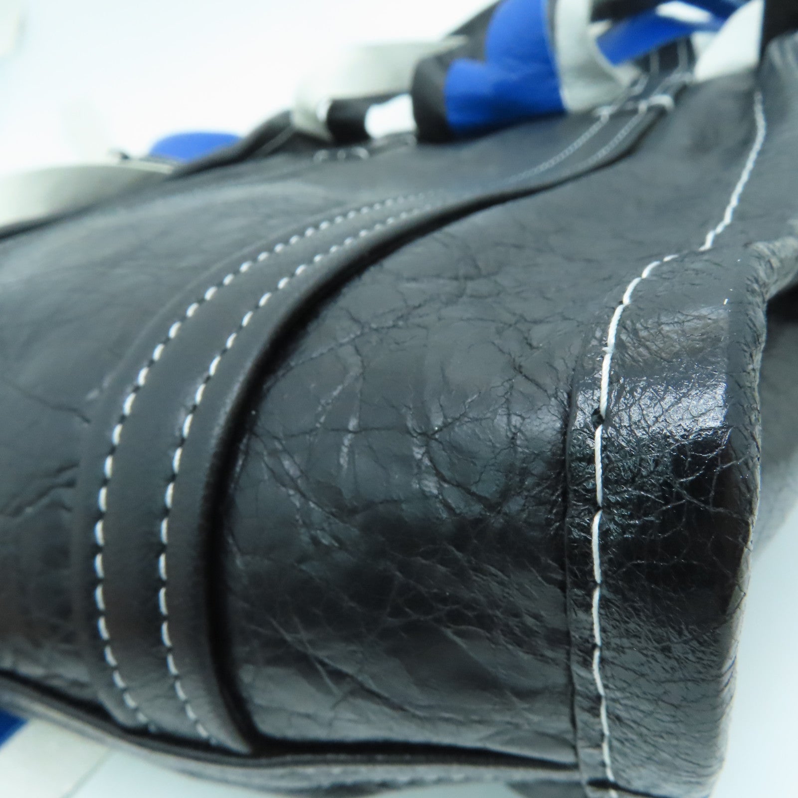 BALENCIAGA Sheepskin Leather Bazar Shopper XS Fringes Silver Buckle Handle Shoulder Bag Blue/White/Black