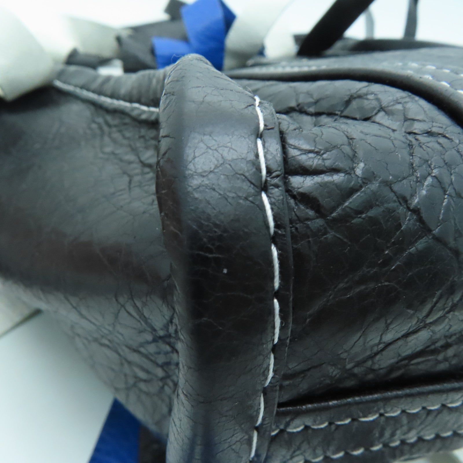 BALENCIAGA Sheepskin Leather Bazar Shopper XS Fringes Silver Buckle Handle Shoulder Bag Blue/White/Black