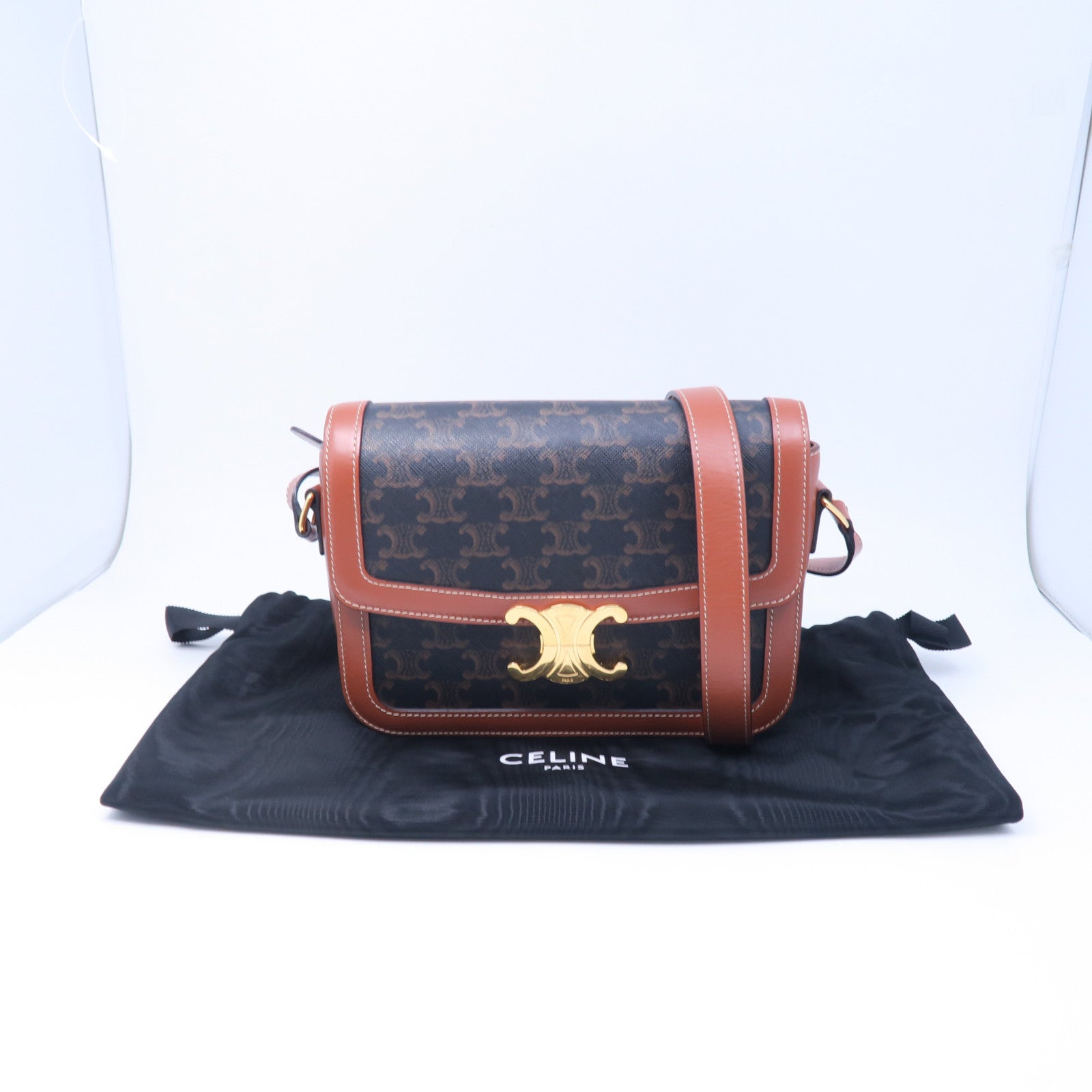CELINE 牛皮皮革Classique Triomphe金扣肩背袋棕色