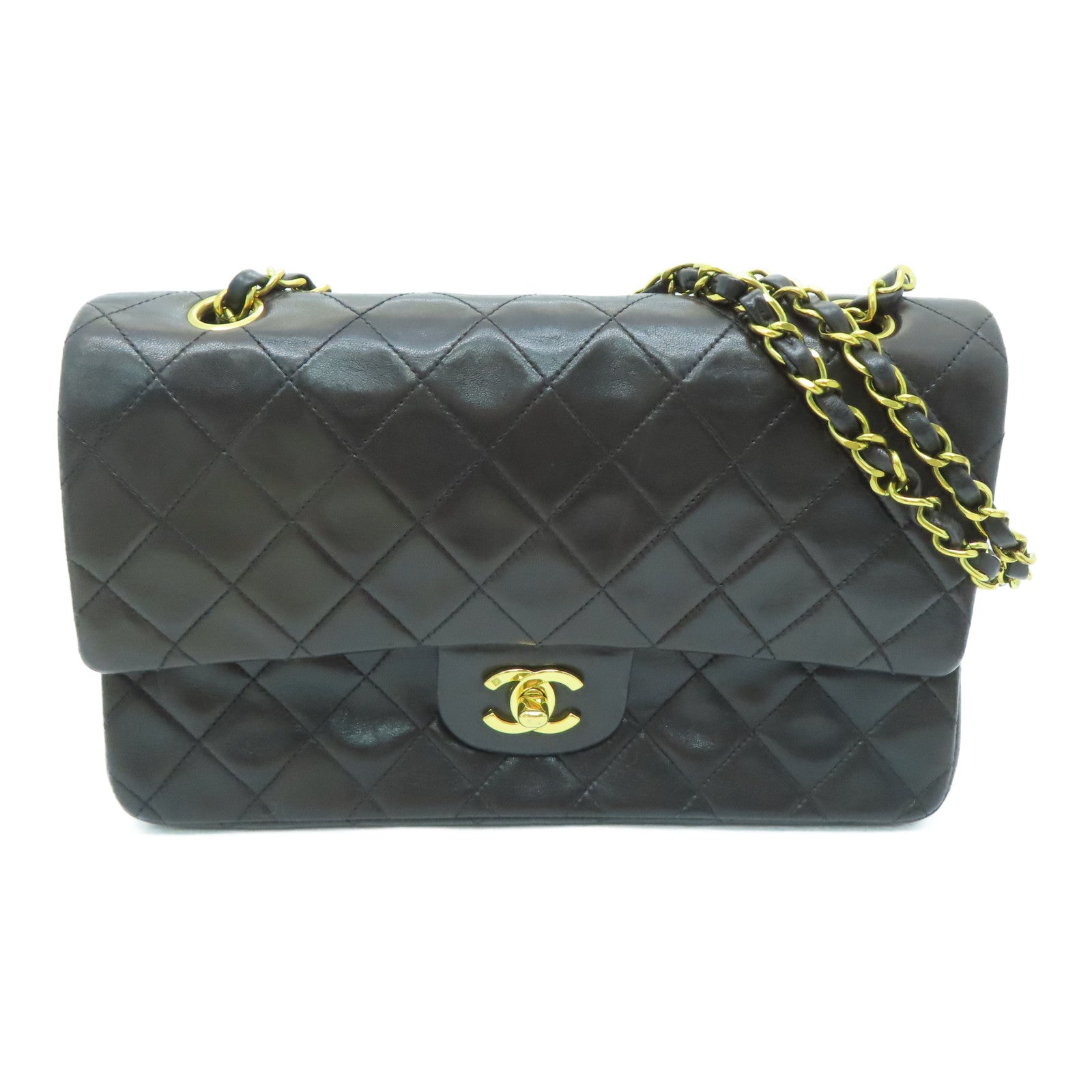 CHANEL [Sharp Discount] Rhombus Sheepskin Leather Vintage Classic 25㎝ Gold Buckle Shoulder Bag Black