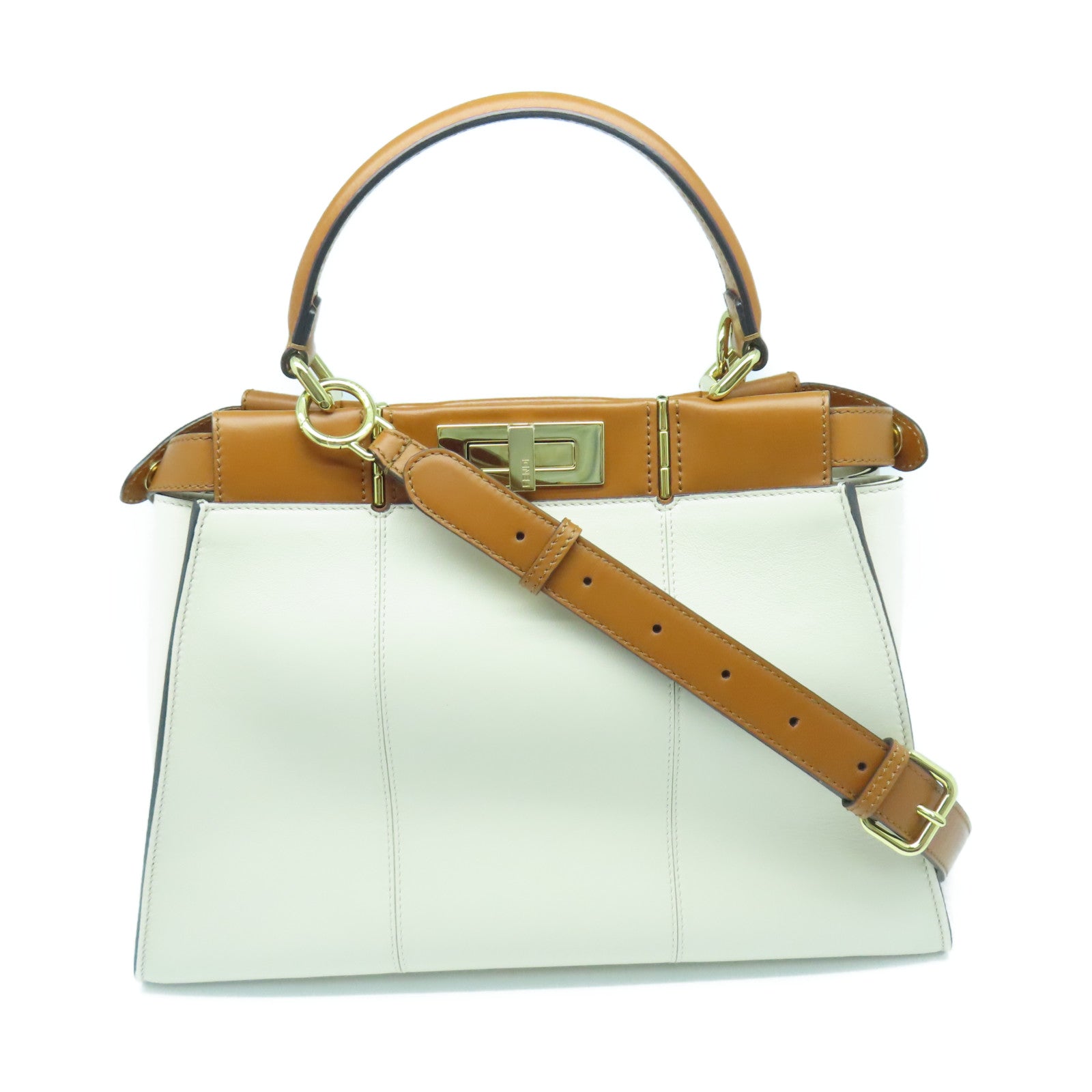 FENDI Cowhide Leather Peekaboo Handle Shoulder Bag White/Brown