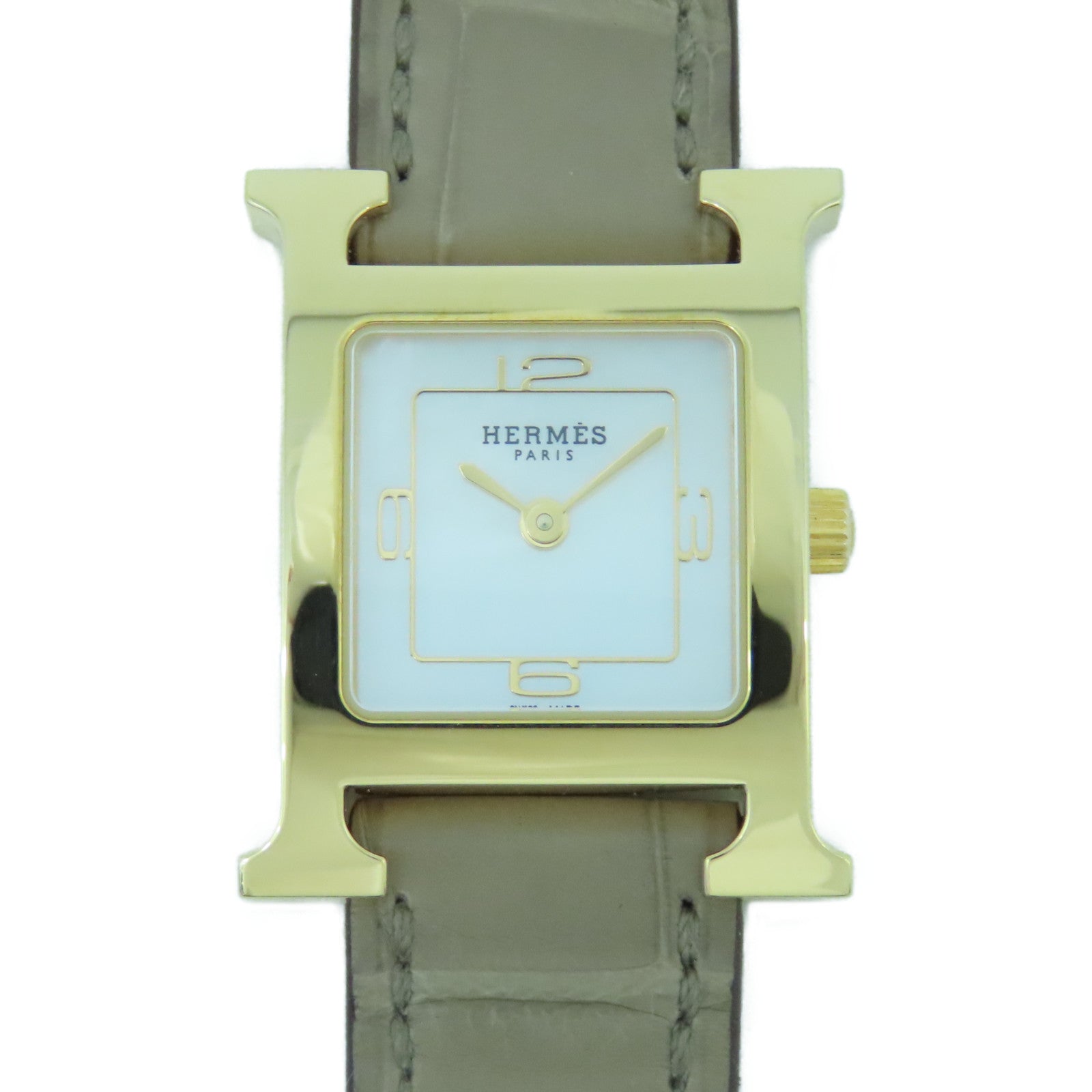 HERMES Heure H Small Stainless Steel/Leather Band Watch Quartz Movement White/Elephant Gray