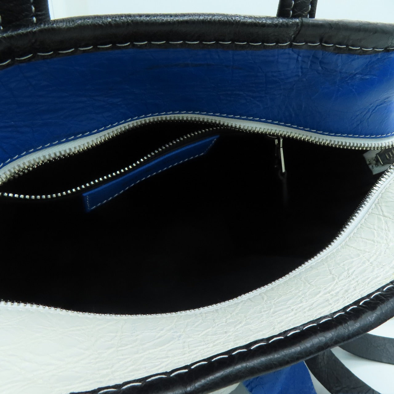 BALENCIAGA Sheepskin Leather Bazar Shopper XS Fringes Silver Buckle Handle Shoulder Bag Blue/White/Black