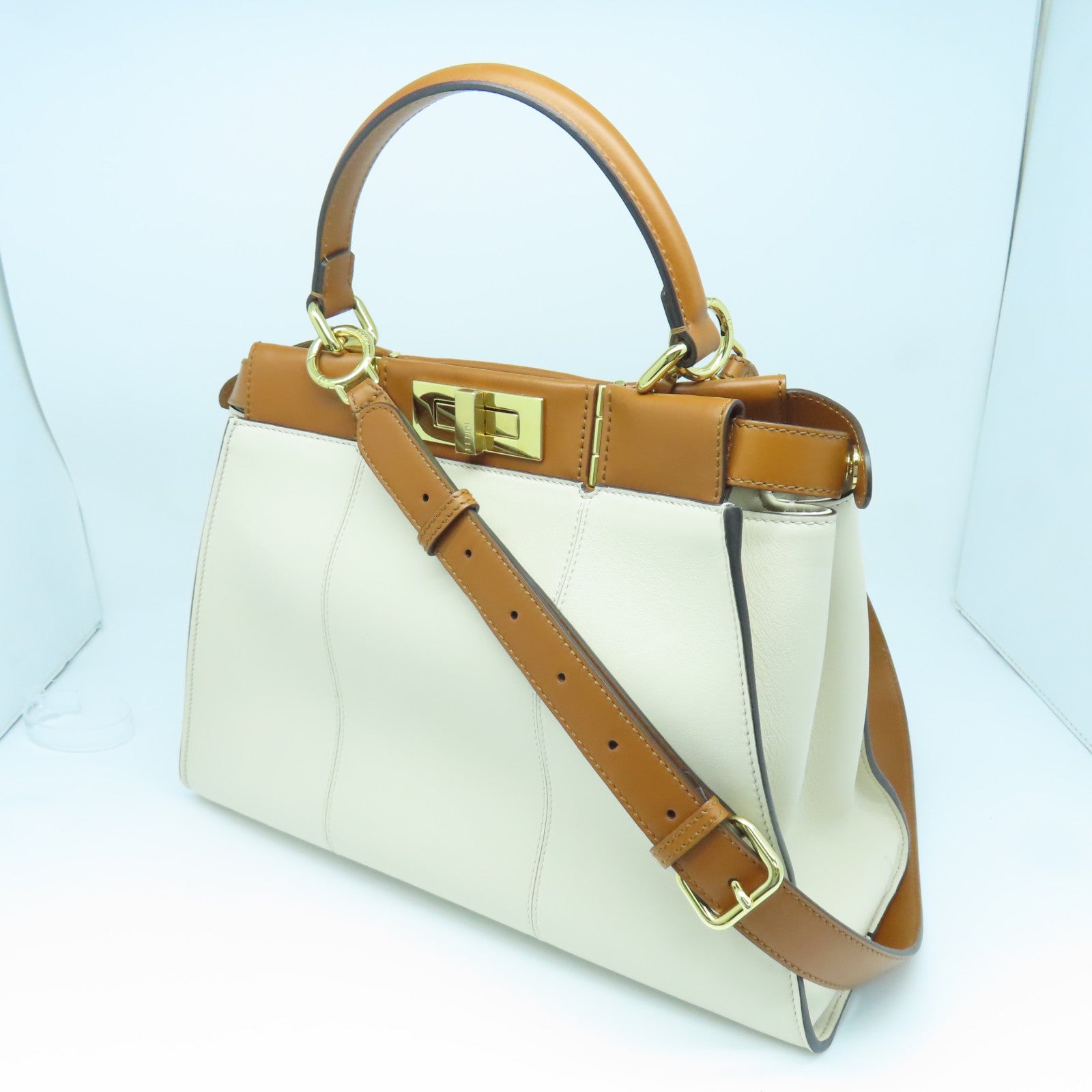 FENDI Cowhide Leather Peekaboo Handle Shoulder Bag White/Brown