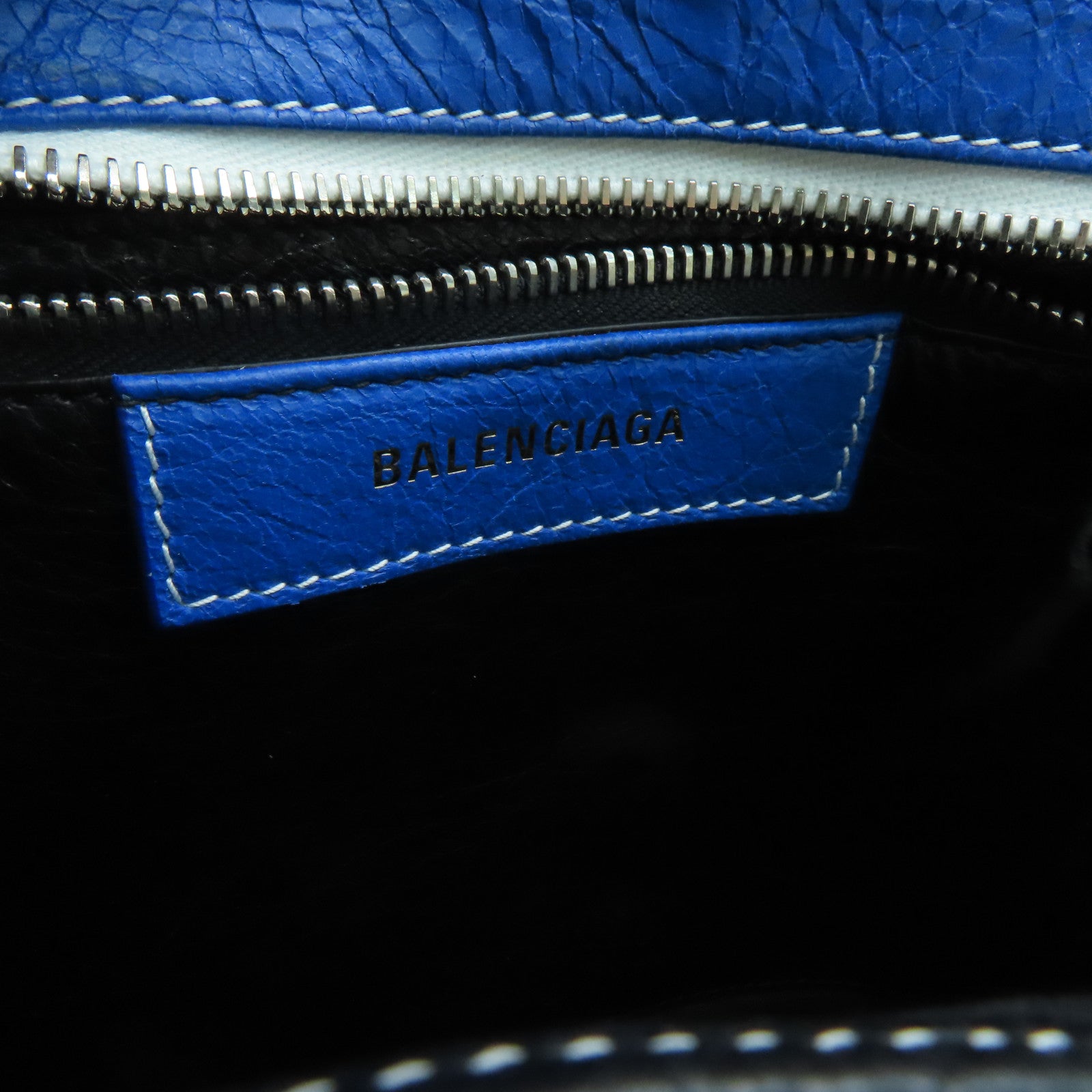BALENCIAGA Sheepskin Leather Bazar Shopper XS Fringes Silver Buckle Handle Shoulder Bag Blue/White/Black