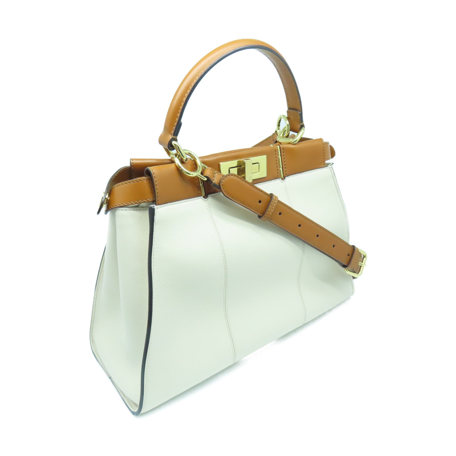 FENDI Cowhide Leather Peekaboo Handle Shoulder Bag White/Brown