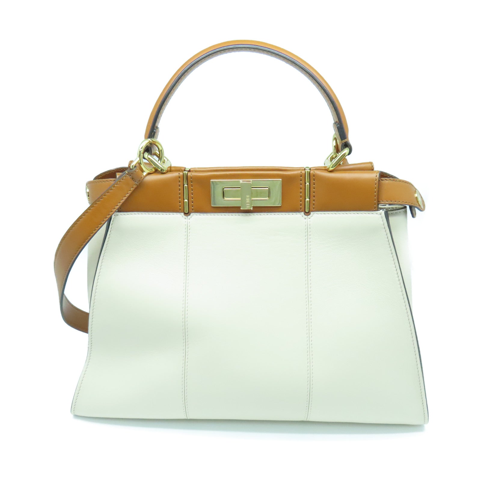 FENDI Cowhide Leather Peekaboo Handle Shoulder Bag White/Brown