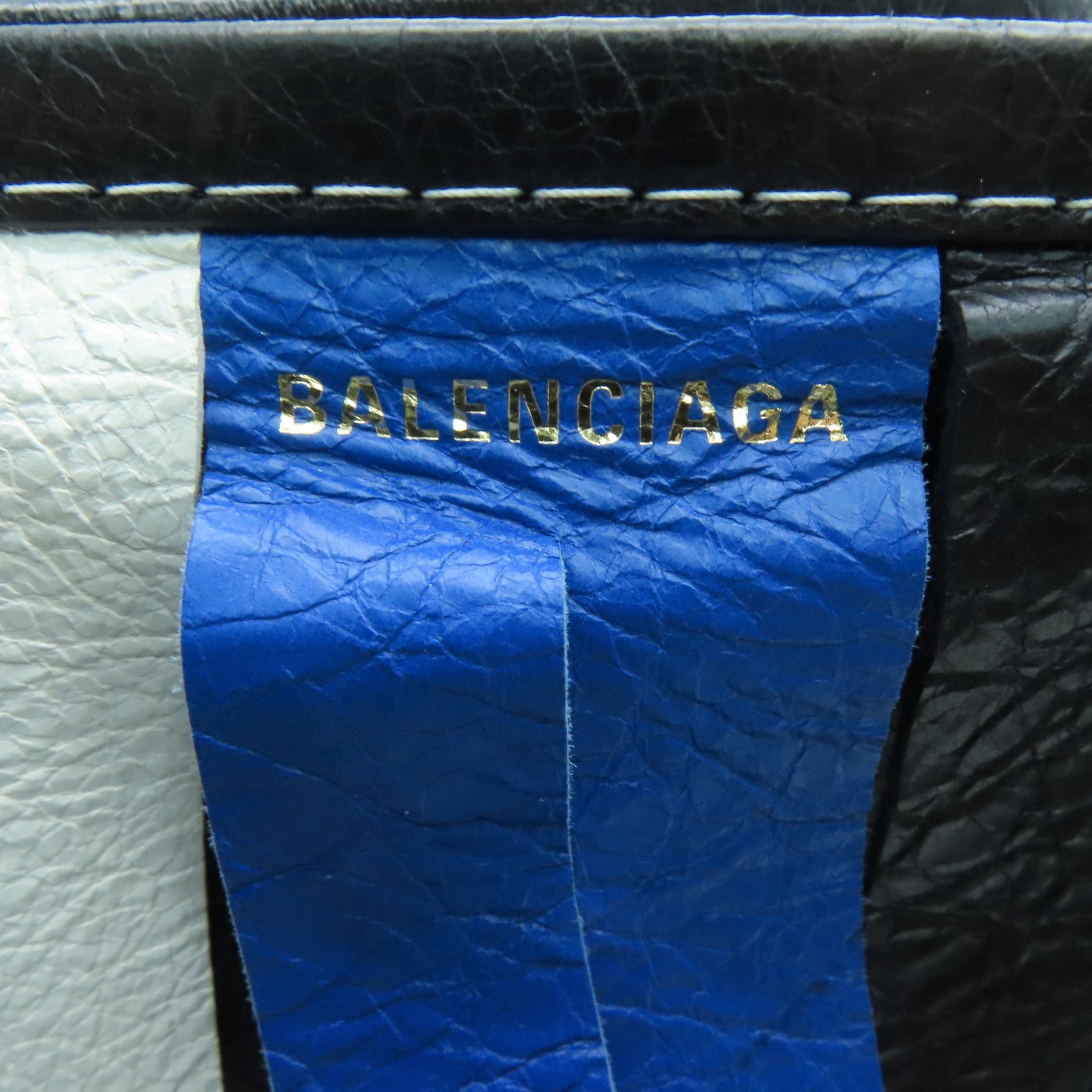 BALENCIAGA Sheepskin Leather Bazar Shopper XS Fringes Silver Buckle Handle Shoulder Bag Blue/White/Black
