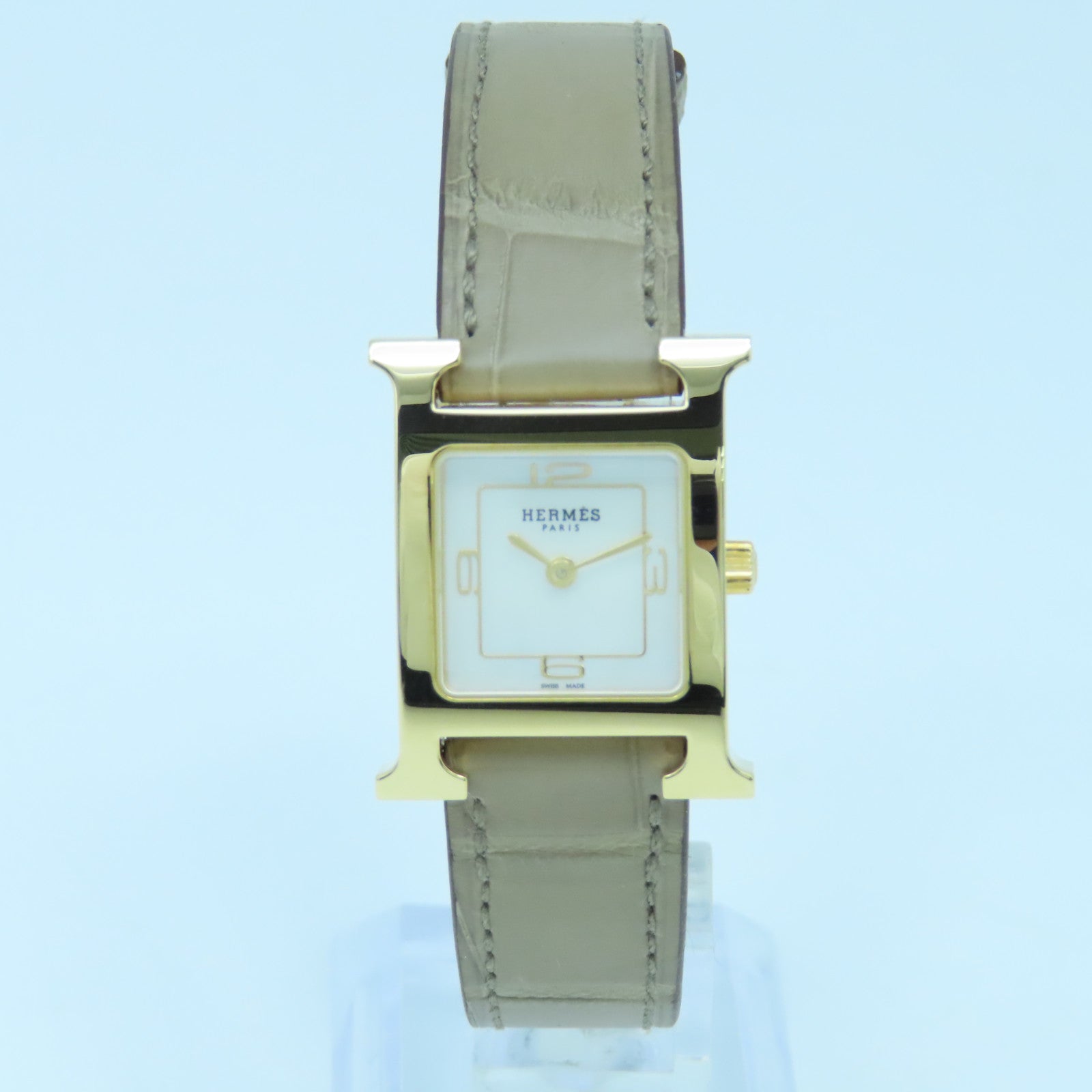 HERMES Heure H Small Stainless Steel/Leather Band Watch Quartz Movement White/Elephant Gray