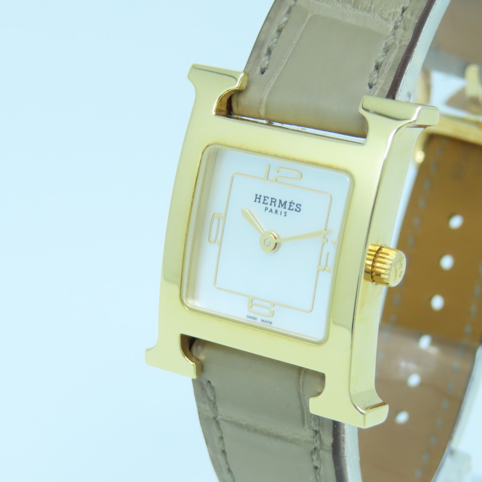 HERMES Heure H Small Stainless Steel/Leather Band Watch Quartz Movement White/Elephant Gray