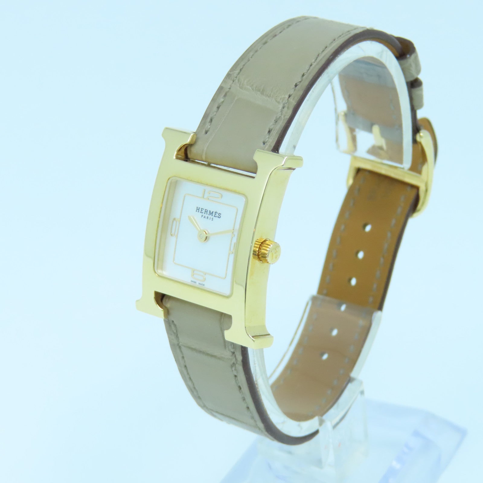 HERMES Heure H Small Stainless Steel/Leather Band Watch Quartz Movement White/Elephant Gray