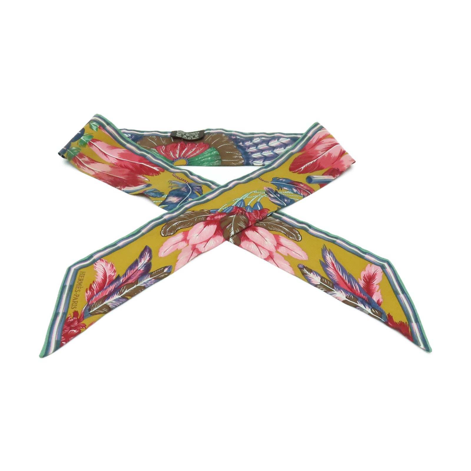 HERMES 絲質Twilly絲巾芥末色/粉紅色