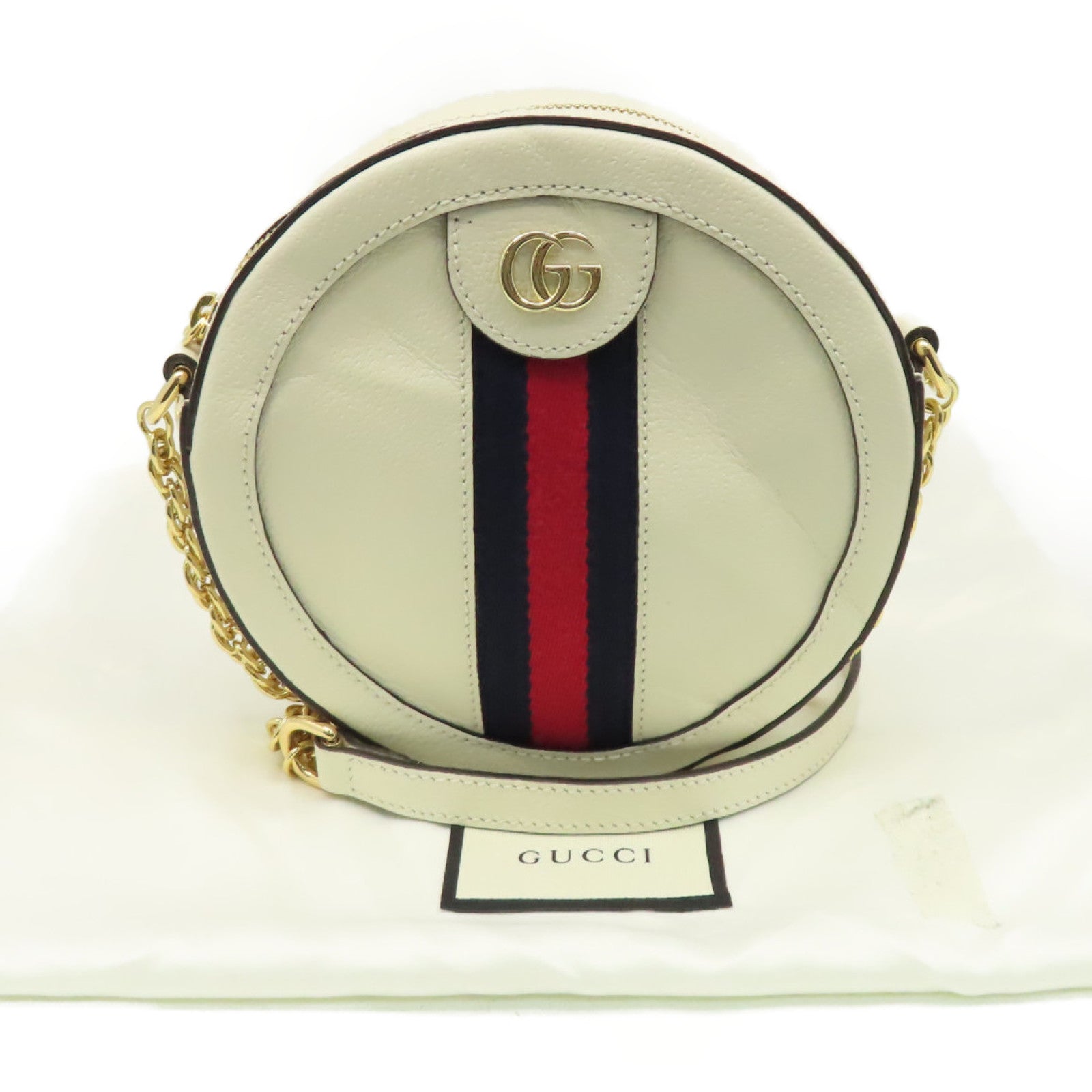 GUCCI 牛皮皮革Ophidia GG Round Shoulder Bag金扣鏈帶肩背袋米白色