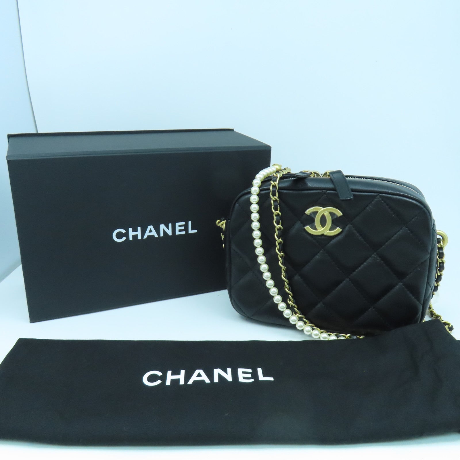 CHANEL 菱格羊皮皮革Pearl Chain Shoulder金扣鏈帶肩背袋黑色