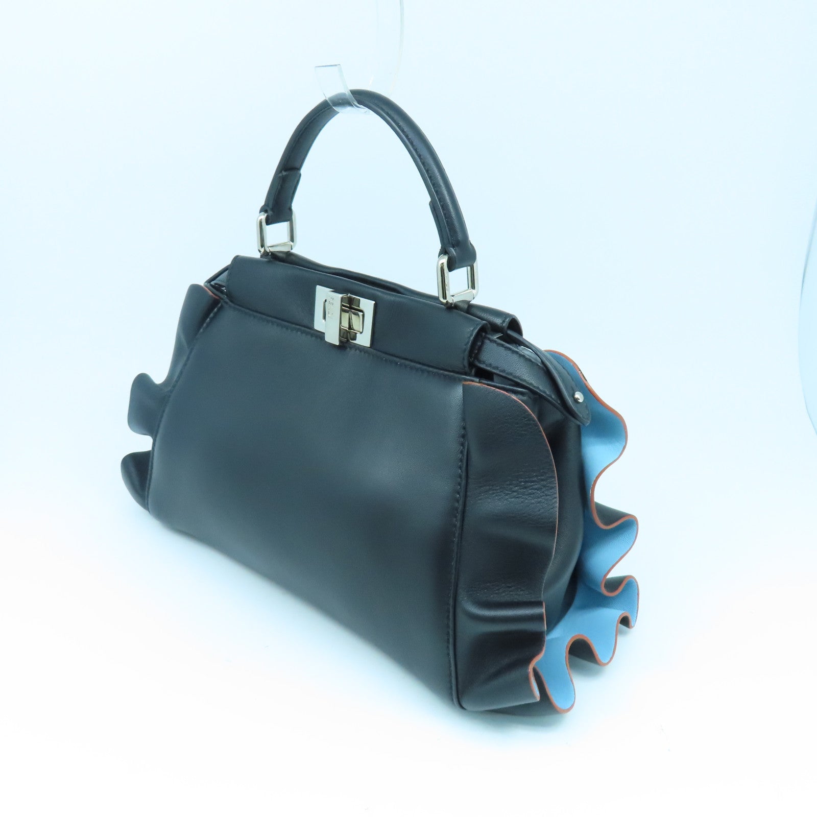 FENDI 牛皮皮革Mini Peekaboo銀扣手挽肩背兩用袋黑色/藍色