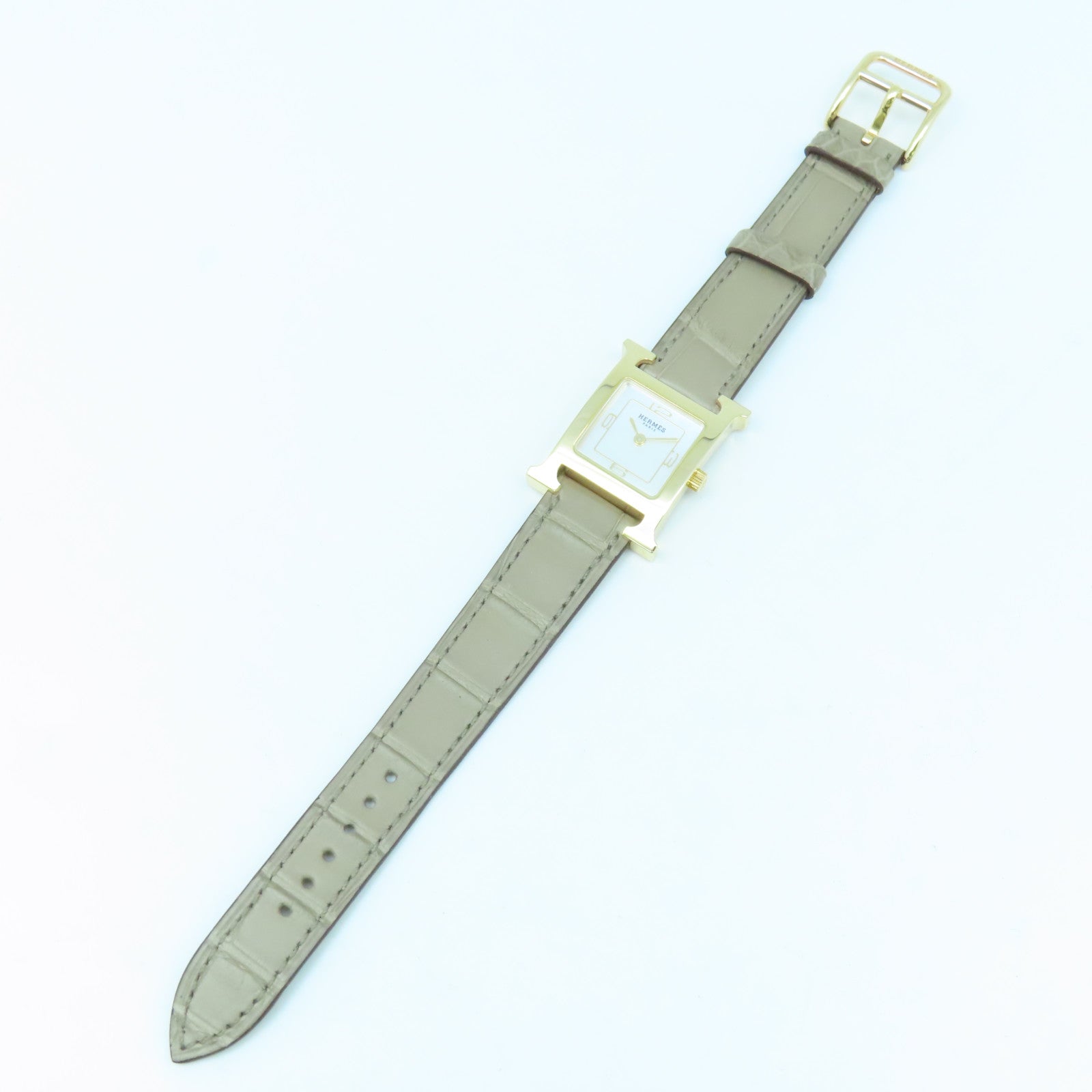 HERMES Heure H Small Stainless Steel/Leather Band Watch Quartz Movement White/Elephant Gray