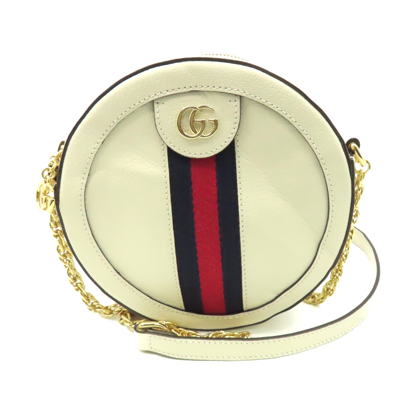 GUCCI 牛皮皮革Ophidia GG Round Shoulder Bag金扣鏈帶肩背袋米白色