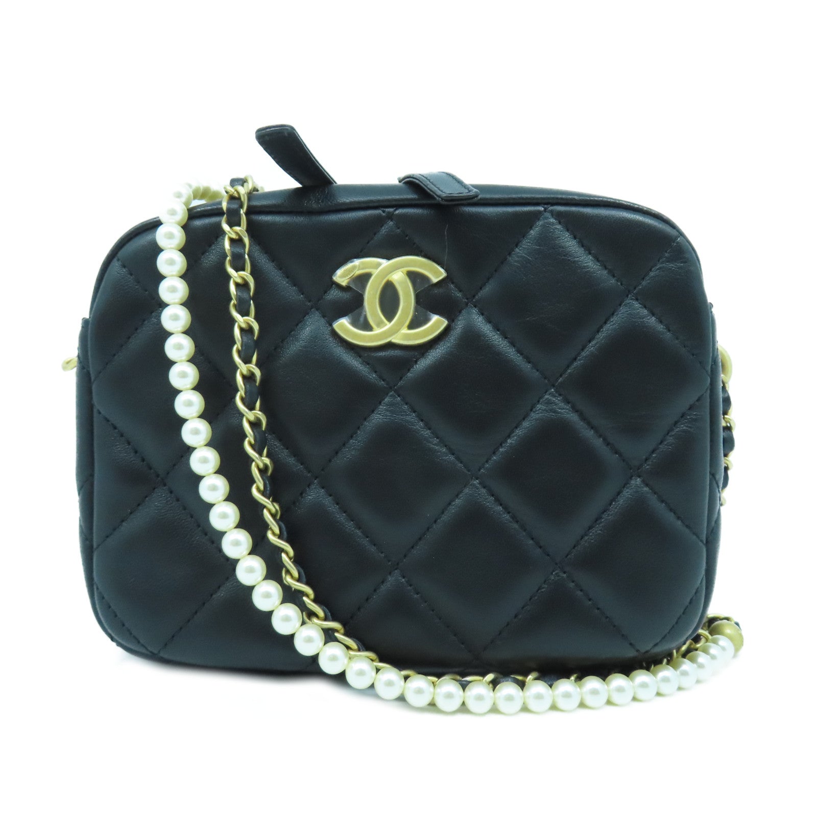 CHANEL 菱格羊皮皮革Pearl Chain Shoulder金扣鏈帶肩背袋黑色