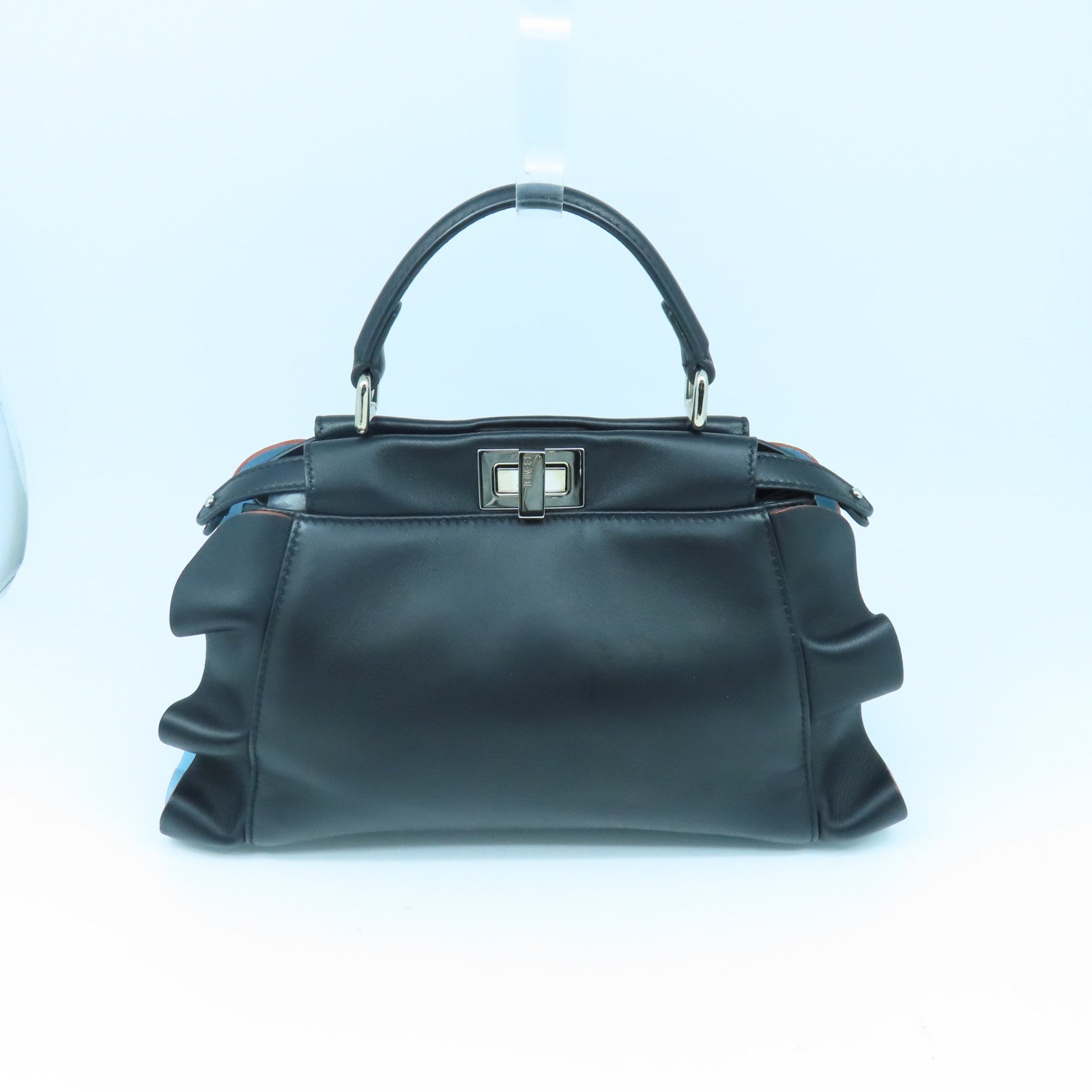 FENDI 牛皮皮革Mini Peekaboo銀扣手挽肩背兩用袋黑色/藍色