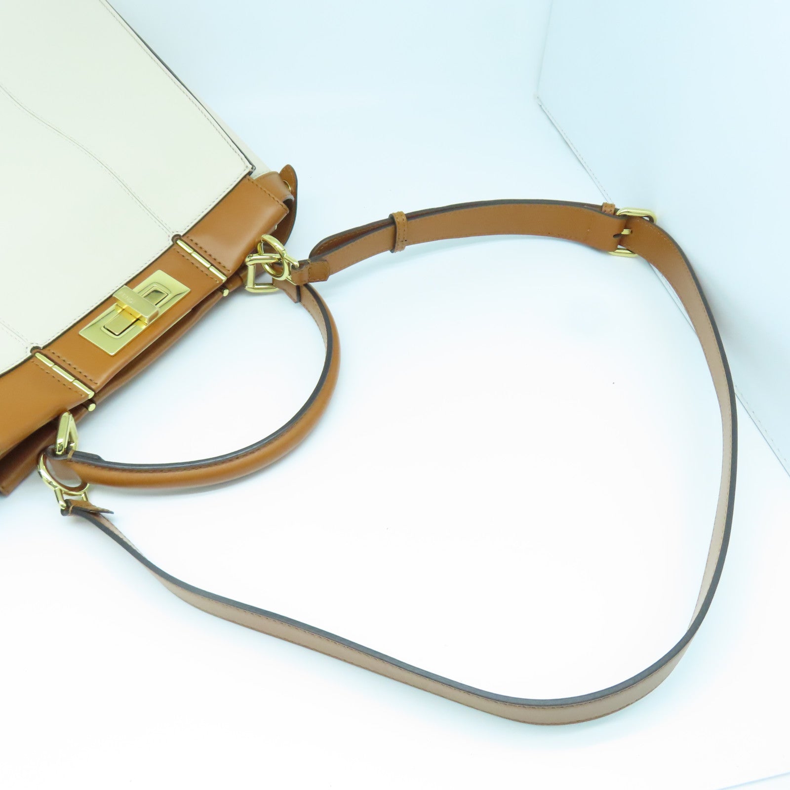 FENDI Cowhide Leather Peekaboo Handle Shoulder Bag White/Brown