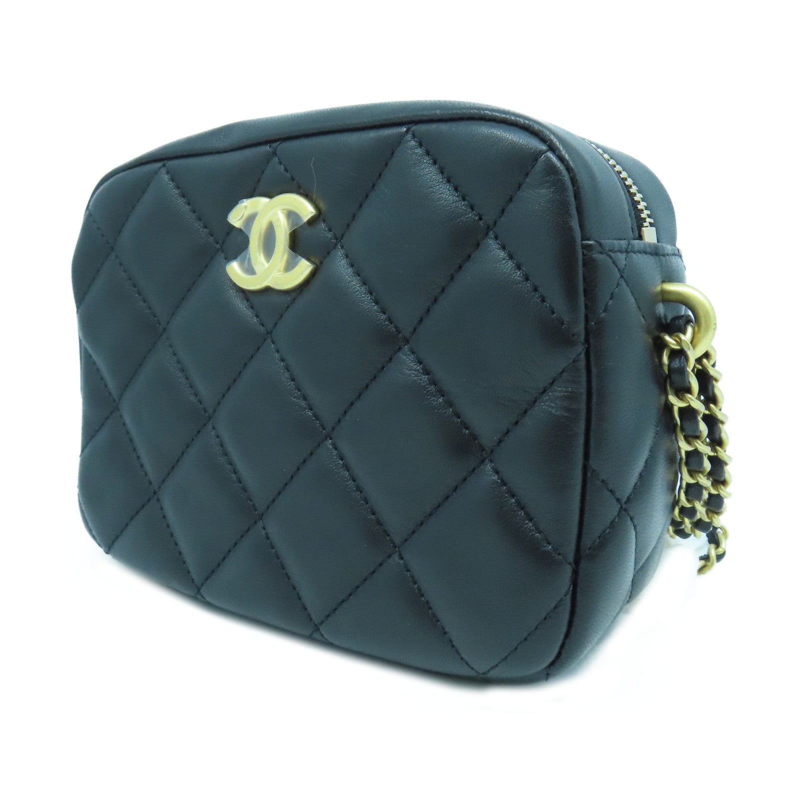 CHANEL 菱格羊皮皮革Pearl Chain Shoulder金扣鏈帶肩背袋黑色