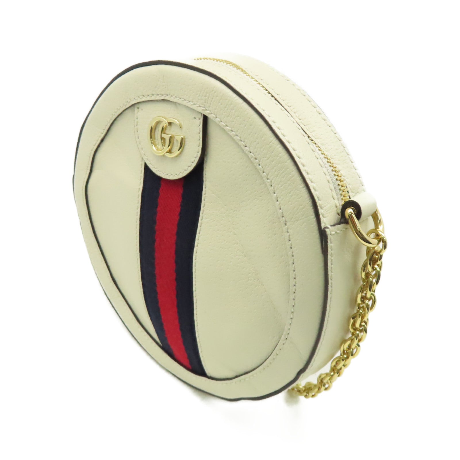 GUCCI 牛皮皮革Ophidia GG Round Shoulder Bag金扣鏈帶肩背袋米白色