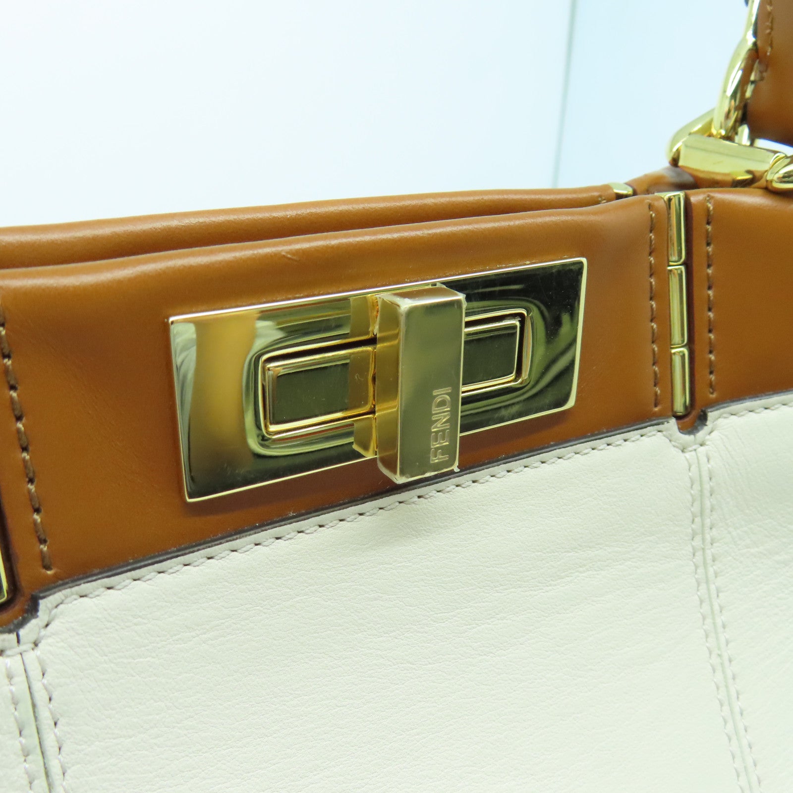 FENDI Cowhide Leather Peekaboo Handle Shoulder Bag White/Brown
