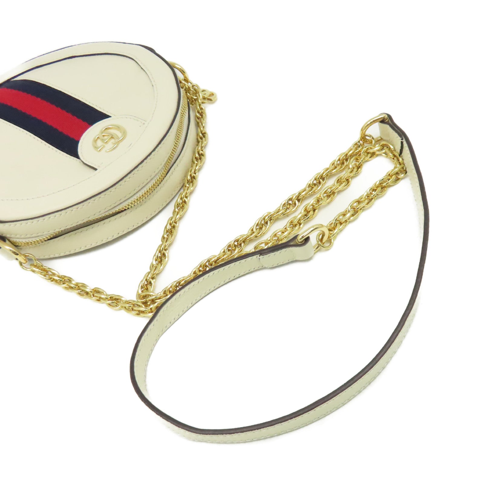 GUCCI 牛皮皮革Ophidia GG Round Shoulder Bag金扣鏈帶肩背袋米白色