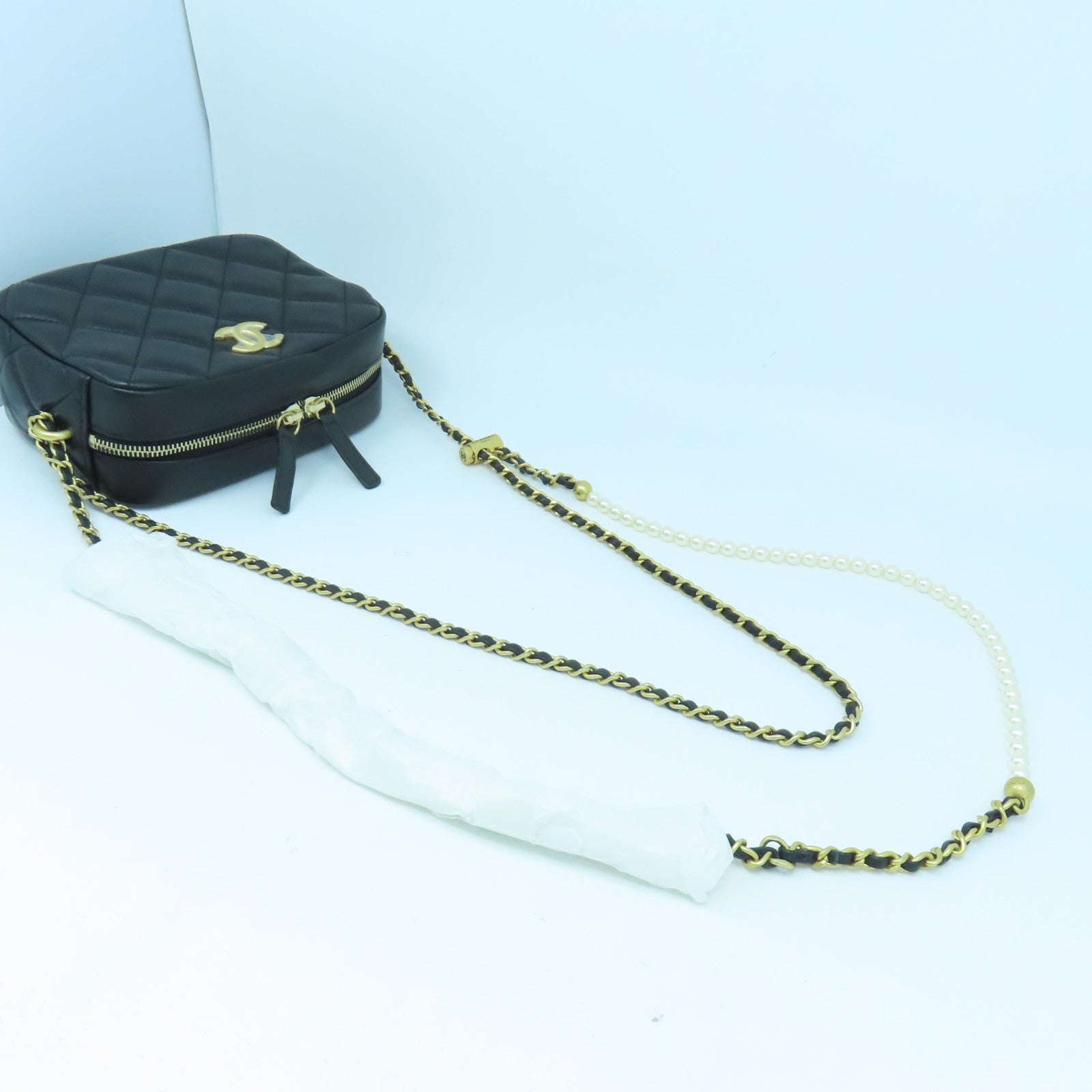 CHANEL 菱格羊皮皮革Pearl Chain Shoulder金扣鏈帶肩背袋黑色