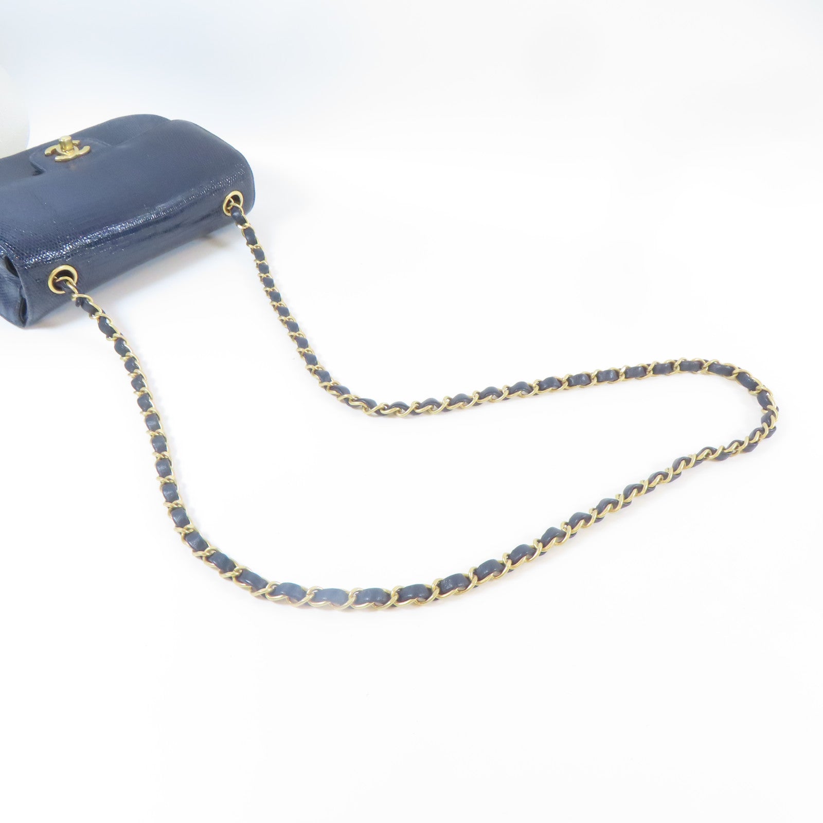 CHANEL 蜥蝪皮革Chain Shoulder金扣鏈帶肩背袋藍色