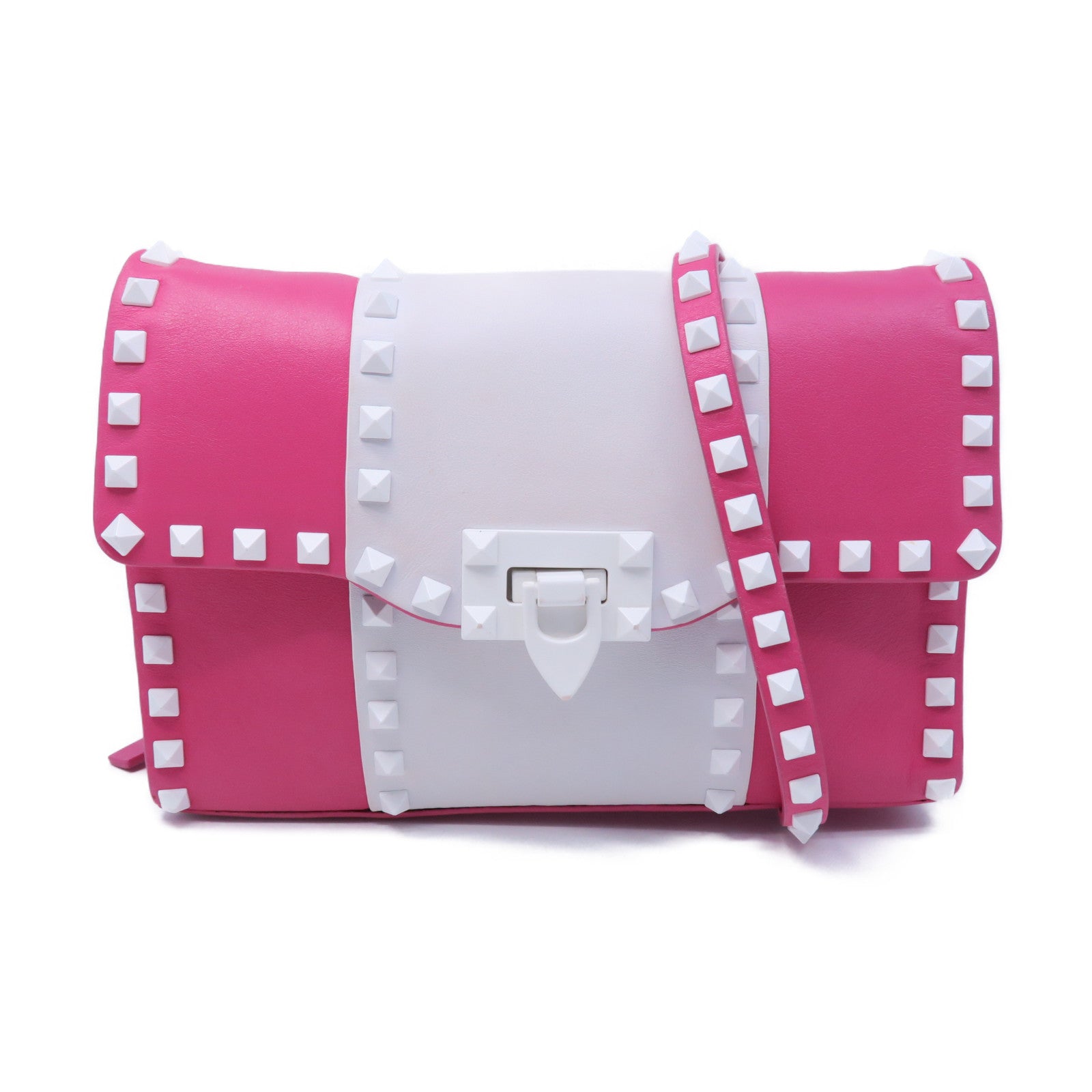 Valentino 牛皮皮革Rockstud Shoulder Bag銀扣肩背袋粉紅色/白色