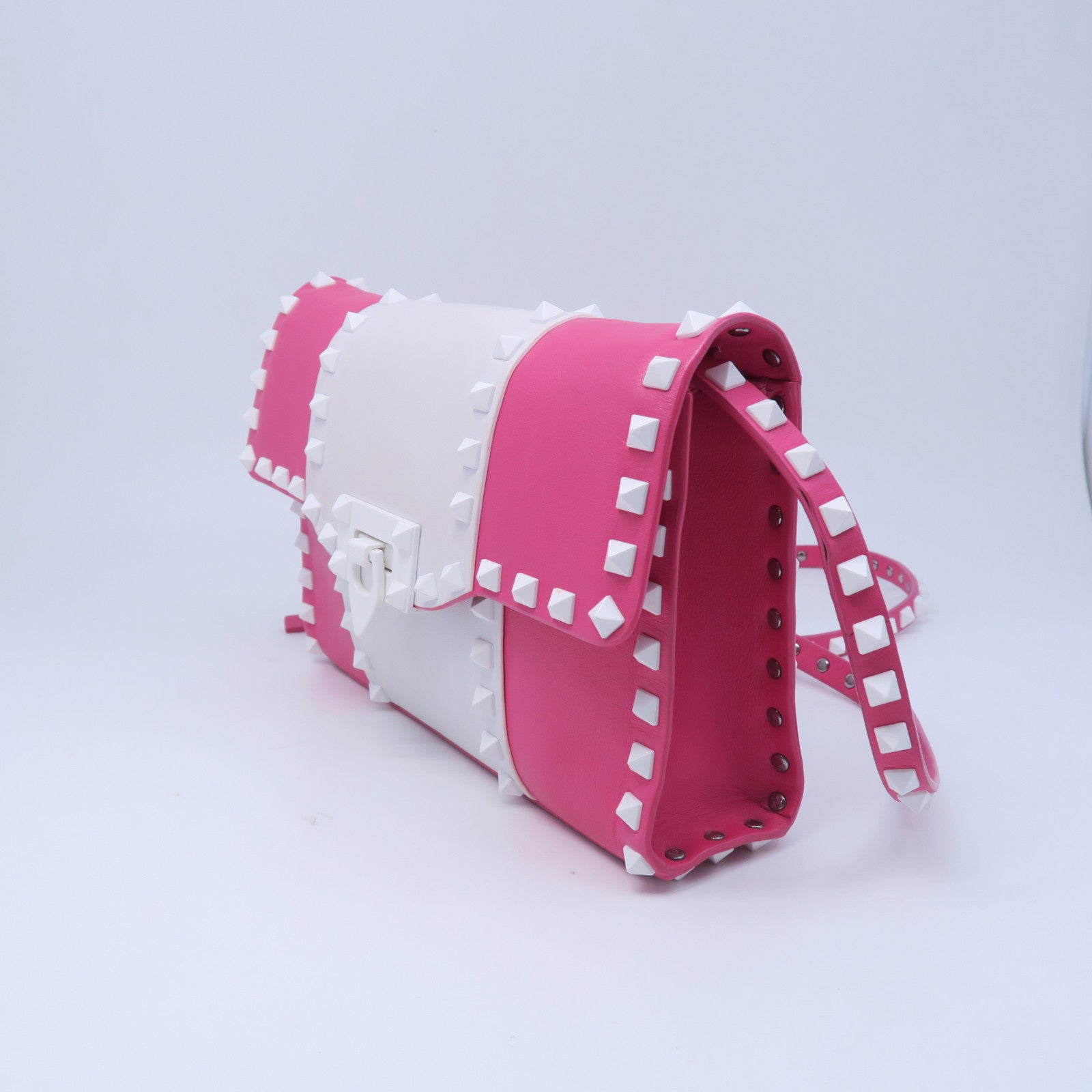 Valentino 牛皮皮革Rockstud Shoulder Bag銀扣肩背袋粉紅色/白色