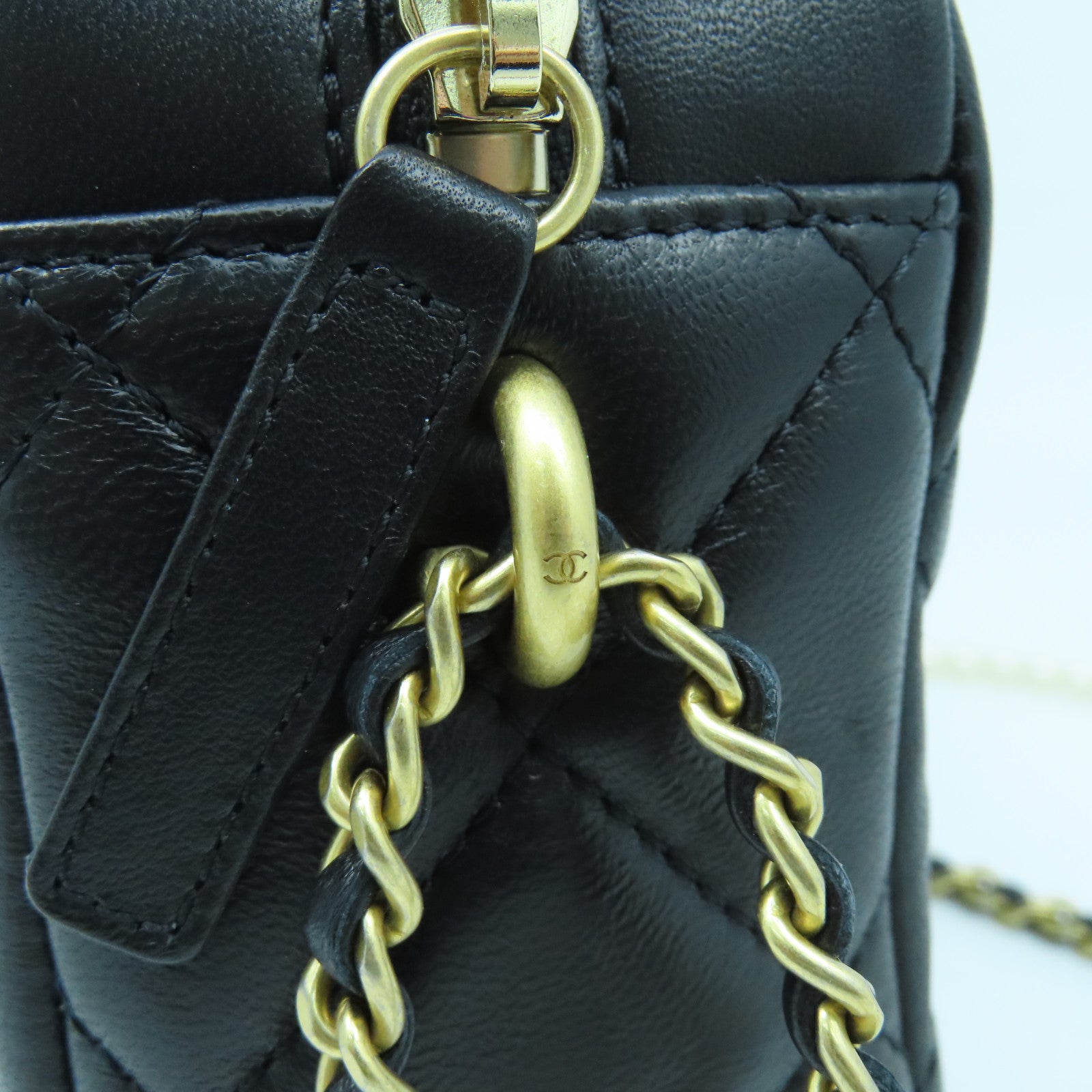 CHANEL 菱格羊皮皮革Pearl Chain Shoulder金扣鏈帶肩背袋黑色